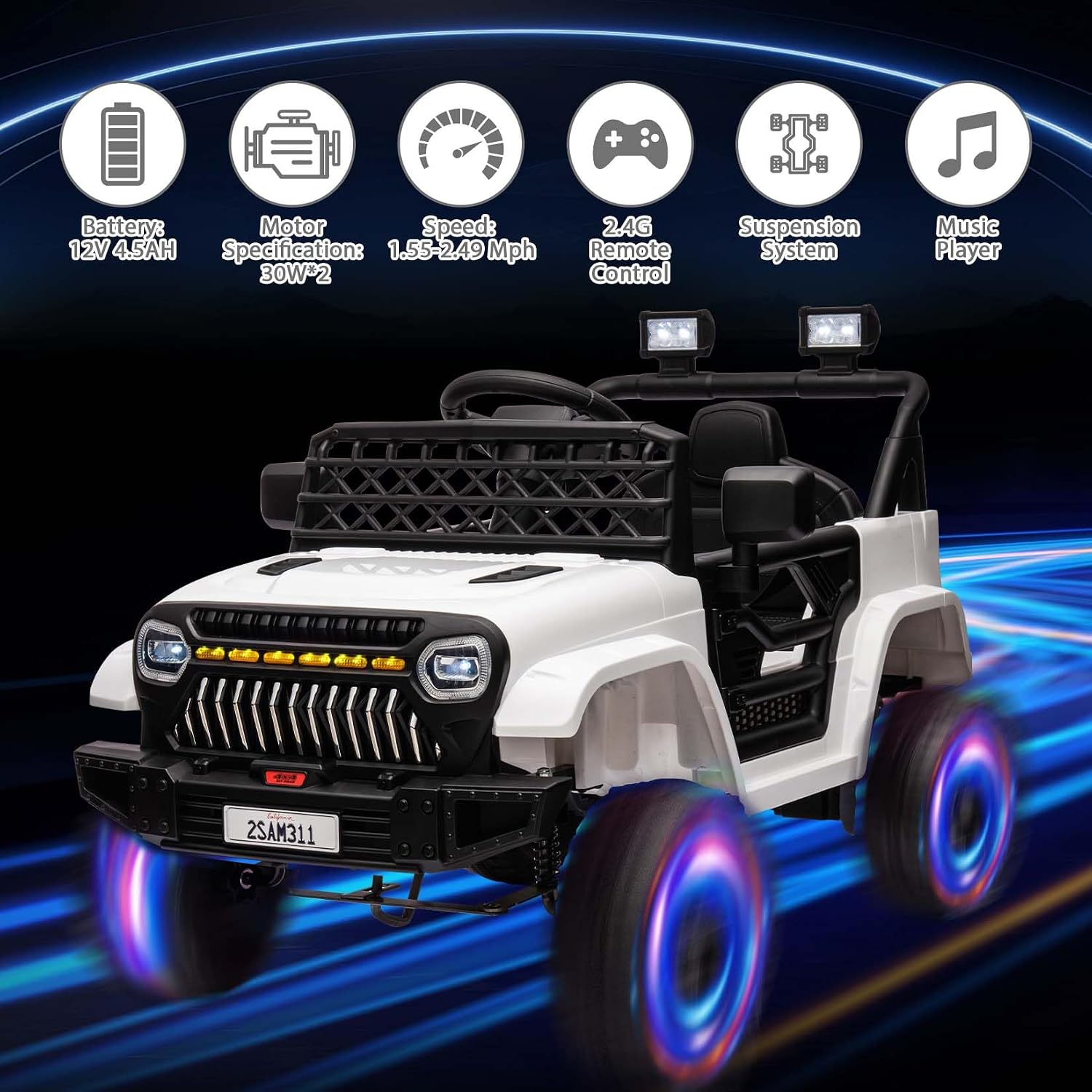 12V Ride On Car for Kids Electric Vehicle Toddlers Battery Powered Truck Car Toy with Remote Control, 4-Wheel Suspension, Battery Display, LED Lights, Music, for Boys Girls, White