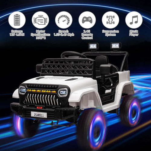 12V Ride On Car for Kids Electric Vehicle Toddlers Battery Powered Truck Car Toy with Remote Control, 4-Wheel Suspension, Battery Display, LED Lights, Music, for Boys Girls, White
