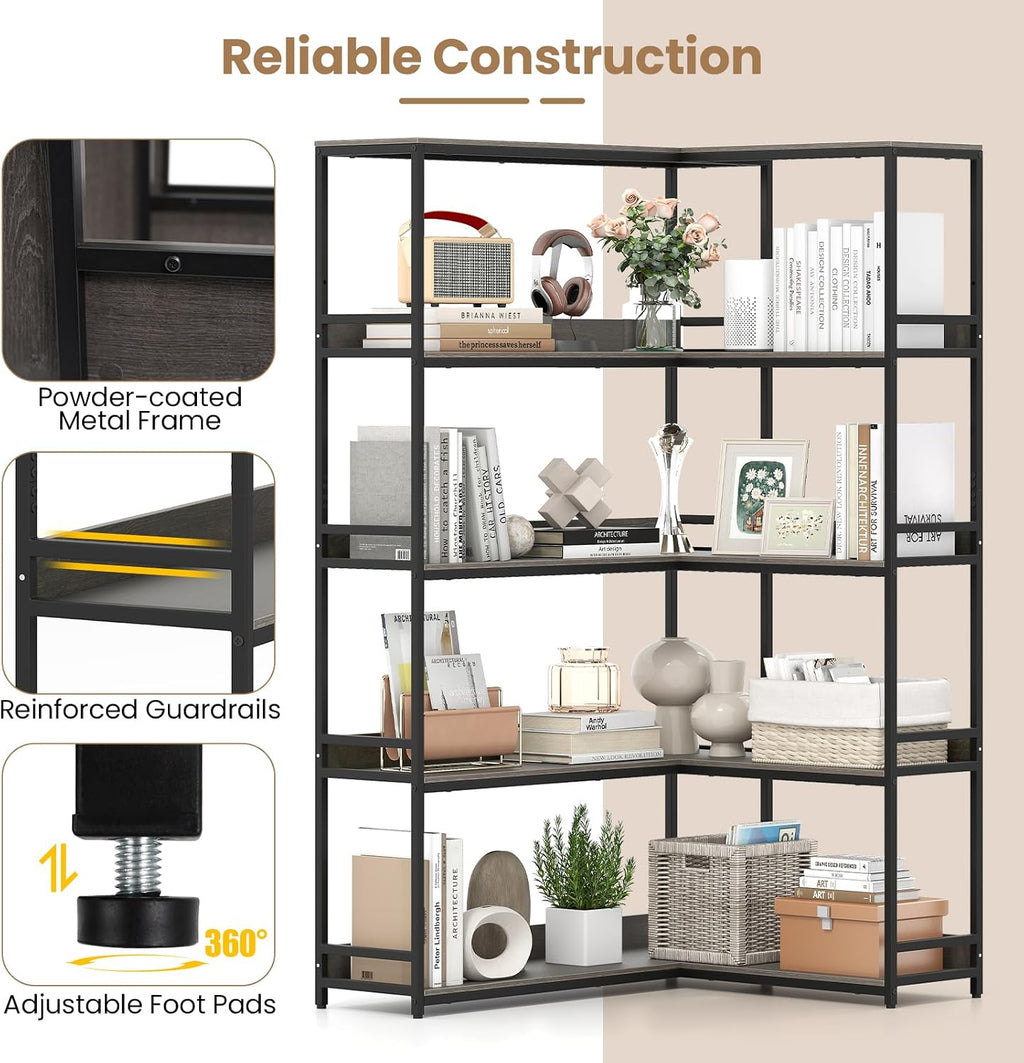 Giantex 5-Tier Corner Bookshelf, 71' L-Shaped Bookcase, Tall Etagere Bookshelf with Metal Frame, Industrial Open Display Shelf, Vertical Storage Rack for Living Room, Study, Office (Oak)