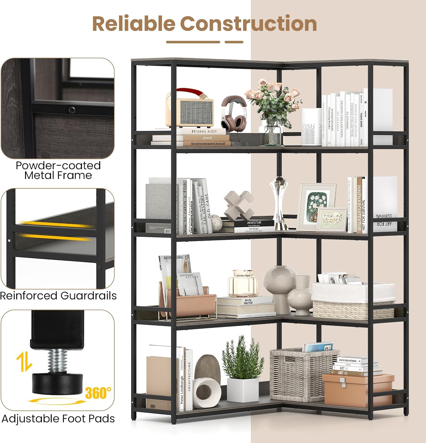 Giantex 5-Tier Corner Bookshelf, 71' L-Shaped Bookcase, Tall Etagere Bookshelf with Metal Frame, Industrial Open Display Shelf, Vertical Storage Rack for Living Room, Study, Office (Oak)