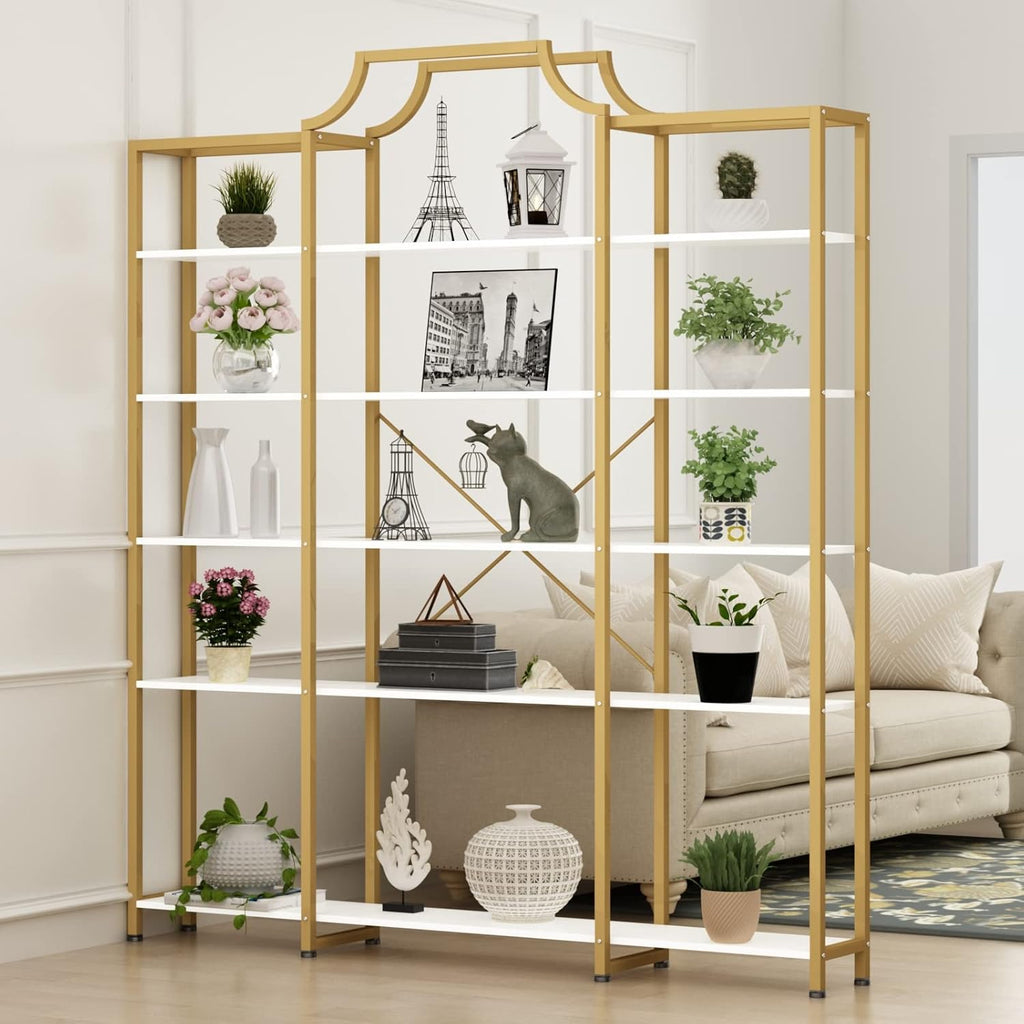 Auromie Triple Wide 5-Tier Bookshelf, 70.87' L x 79.13' H Extra Large Gold Bookcase, Tall Display Shelf with Metal Frame, Freestanding Etagere Storage Display Shelf for Home Office, White Gold