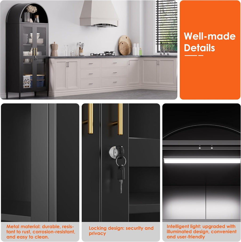 Metal Arched Bookcase Cabinet with 3 LED Strips,Lockable Arched Display Cabinet with Glass Doors for Living Room, Home,Office, Assembly Required (Black)
