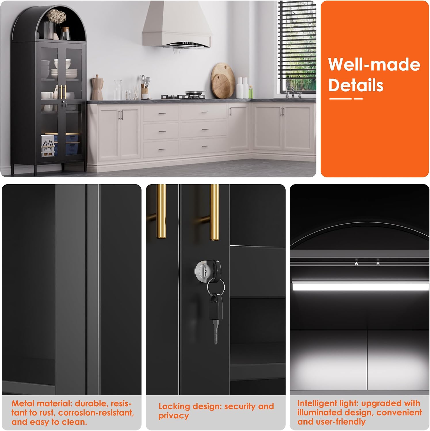 Metal Arched Bookcase Cabinet with 3 LED Strips,Lockable Arched Display Cabinet with Glass Doors for Living Room, Home,Office, Assembly Required (Black)