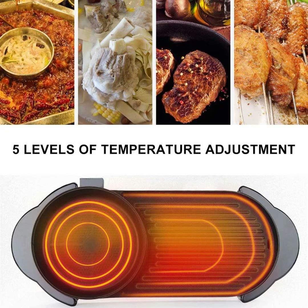 Electric Grill Indoor Hot Pot, Multifunctional Teppanyaki Grill/Hot Pot with Divider Separate Dual Temperature Contral, Capacity for 3-5 People Family Gatherings