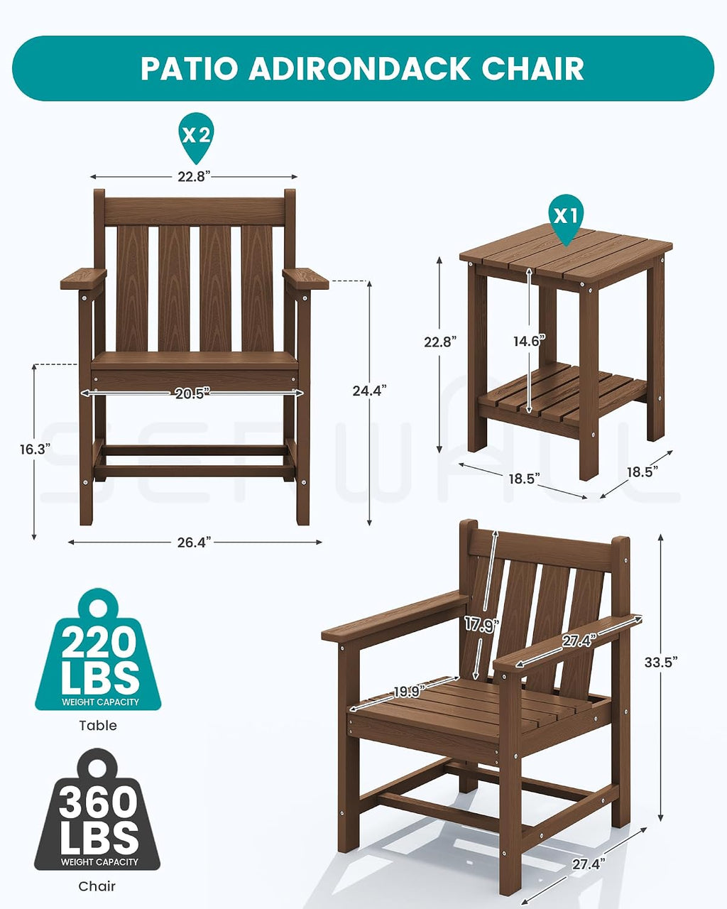 SEWRWALL 3 Pieces Patio Bistro Set, All Weather Adirondack Chair Set with Side Table, HDPE Material Outdoor Patio Furniture Set for Balcony, Porch, Garden, Backyard- Brown