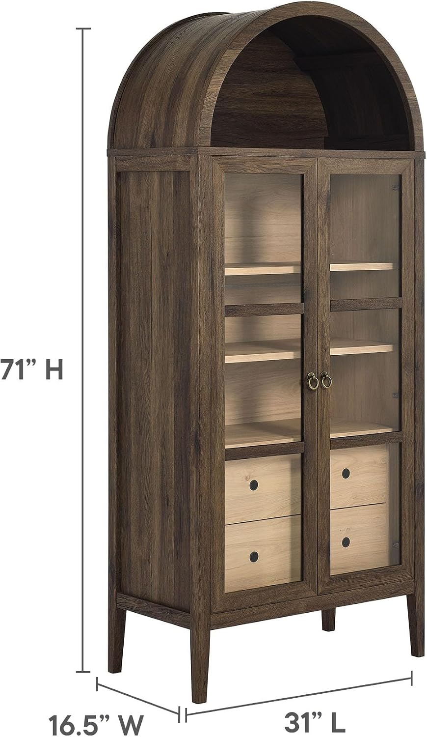 Modway Nolan Modern Farmhouse 71 Inch Tall Arched Storage Display Cabinet in Walnut Hickory Wood Grain - 4-Tier Bookcase with Glass Doors and Shelves - Arch Accent Cabinet for Living Room