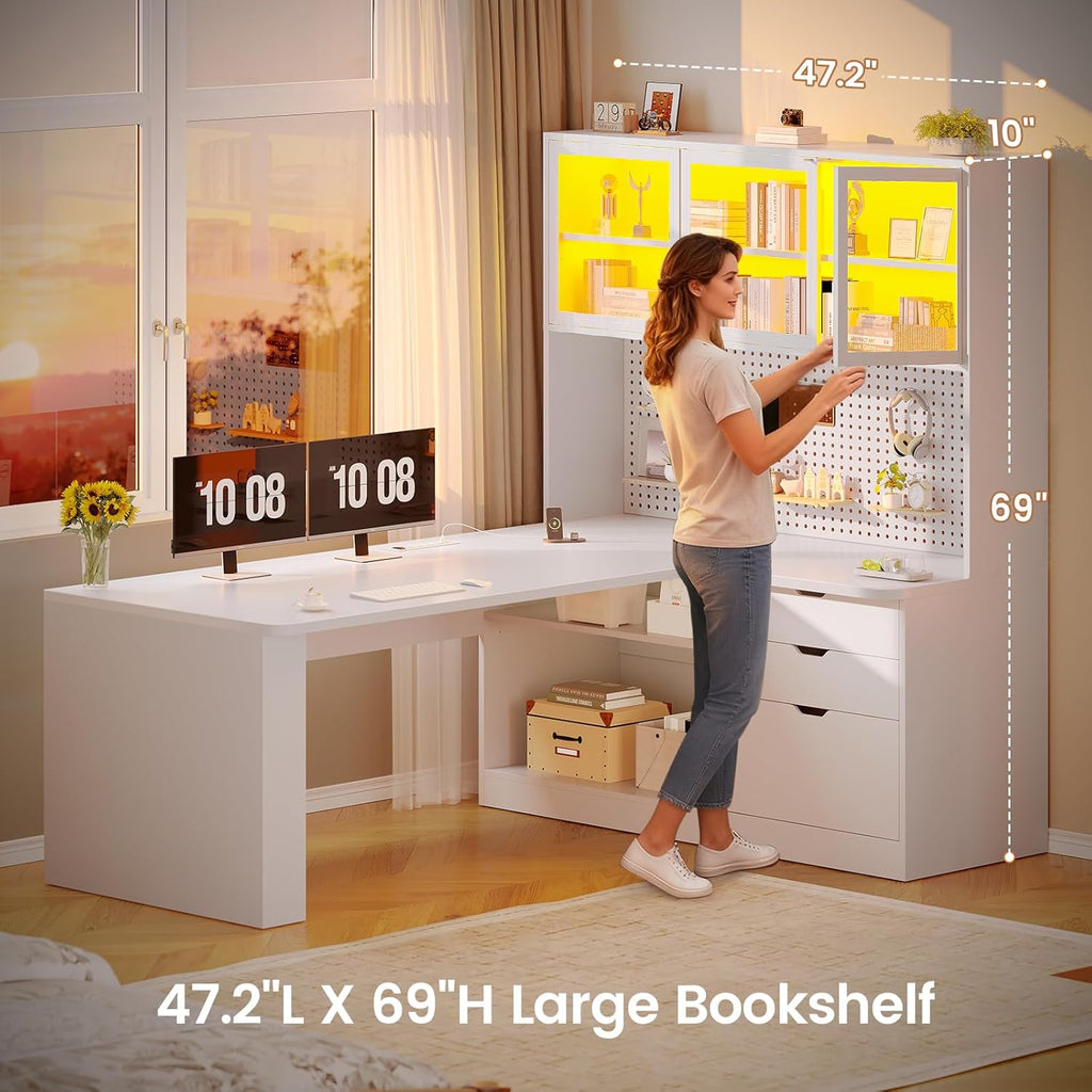 SEDETA L Shaped Computer Desk, L Shaped Corner Gaming Desk with 3 Wood Drawer and Large Bookshelf, Home Office Desk with LED Light, Display Cabinet and Pegboard, 27.5' W Large Desktop Table, White