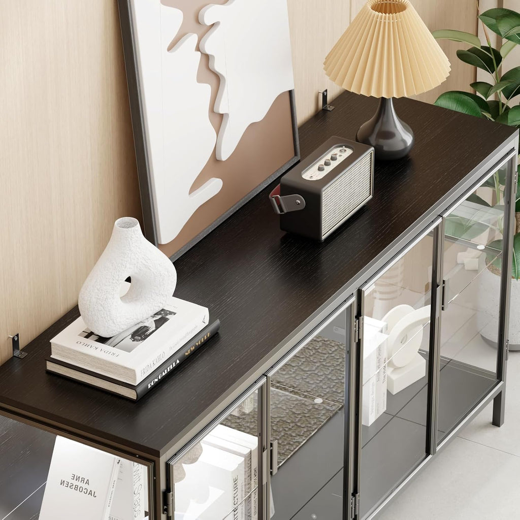 FUFU&GAGA Sideboard Buffet with LED Lights, Glass Doors, Modern Display Cabinet with Glass Shelves, Black Cupboard Credenza with Metal Legs, for Living Room Kitchen, 55.1'W x 15.7'D x 29.5'H