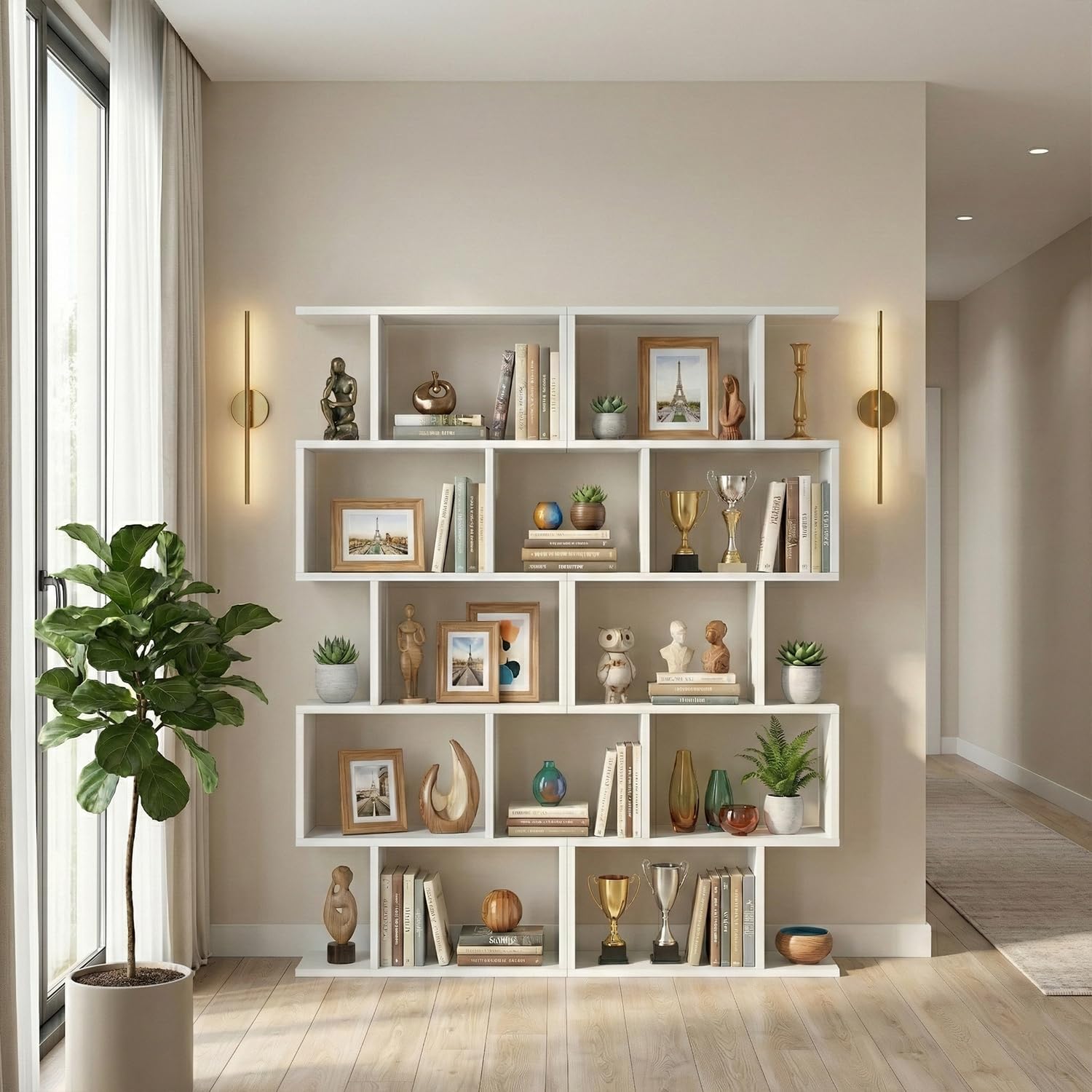 DIYART 5-Tier Geometric Bookcase (Set of 2), 62.6' Tall S-Shaped Bookshelf & Room Divider, Modern White Freestanding Display Shelving Unit for Living Room, Hallway, Home Office