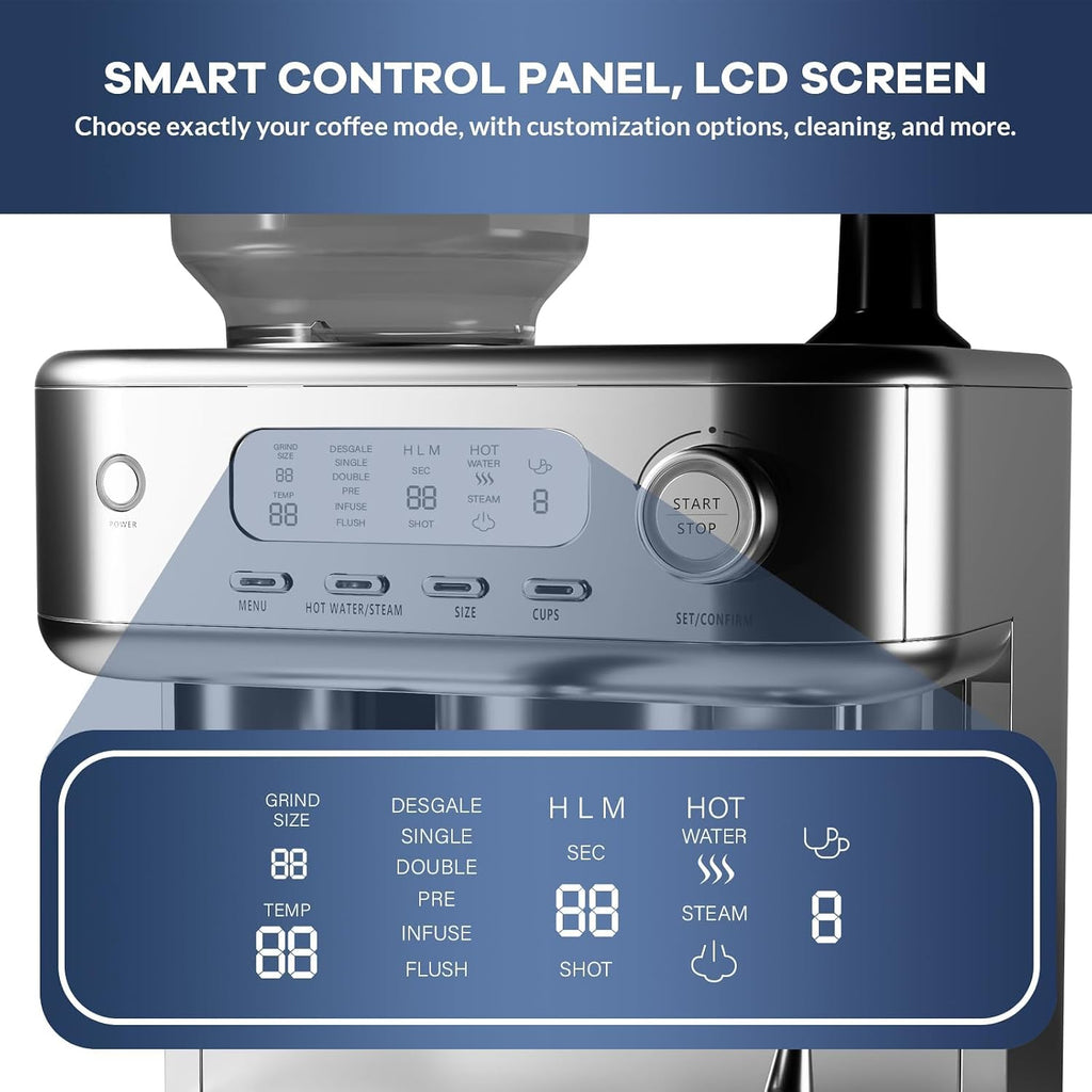 CABIHOME Espresso Machine with Built-in Grinder & Milk Frother, 15 Bar Pump, PID Temperature Control, Digital LCD Display, 8.8 oz Bean Hopper, Semi-Automatic Coffee Maker for Latte & Cappuccino