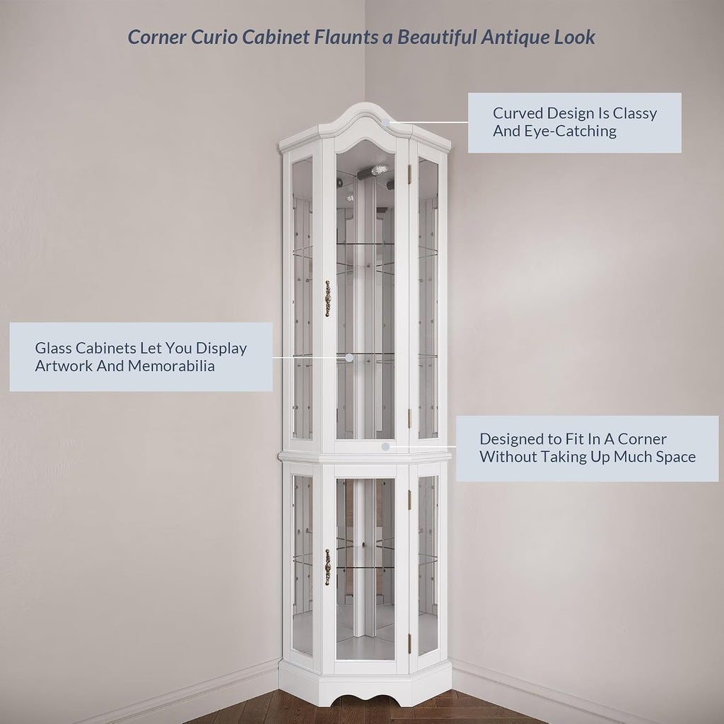 BELLEZE Lighted 3-Side Glass Display Curio Cabinet w/ Tempered Glass Doors and Shelves, Curved Wood Corner Cabinet with Bulb, Corner Storage Rack (White)