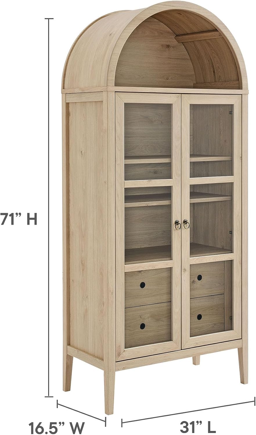 Modway Nolan Modern Farmhouse 71 Inch Tall Arched Storage Display Cabinet in Light Oak Wood Grain - 4-Tier Bookcase with Glass Doors and Shelves - Arch Accent Cabinet for Living Room
