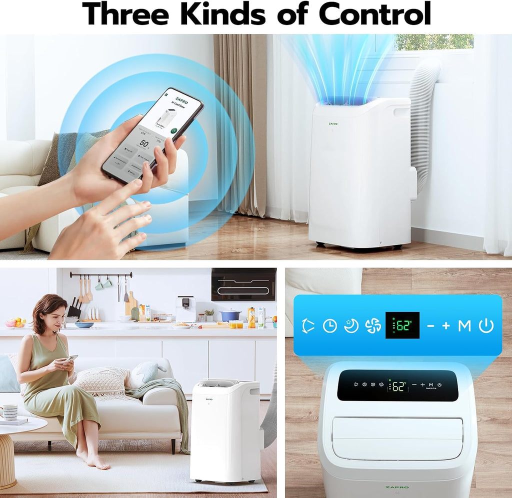 ZAFRO Portable Air Conditioner 12,000 BTU (8,000 BTU SACC), 464B-Quiet Cooling, WiFi/App Control, 24H Timer with Fan & Dehumidifier, Easy Installation for Bedroom, Office, Living Room