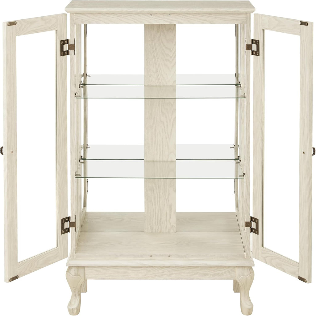 43' H Lighted Curio Cabinet Display Case, Glass Curio Cabinet with Adjustable Shelves & Tempered Glass Door, Wooden Cabinets with Mirrored Back Pane for Living Room (Antique White)