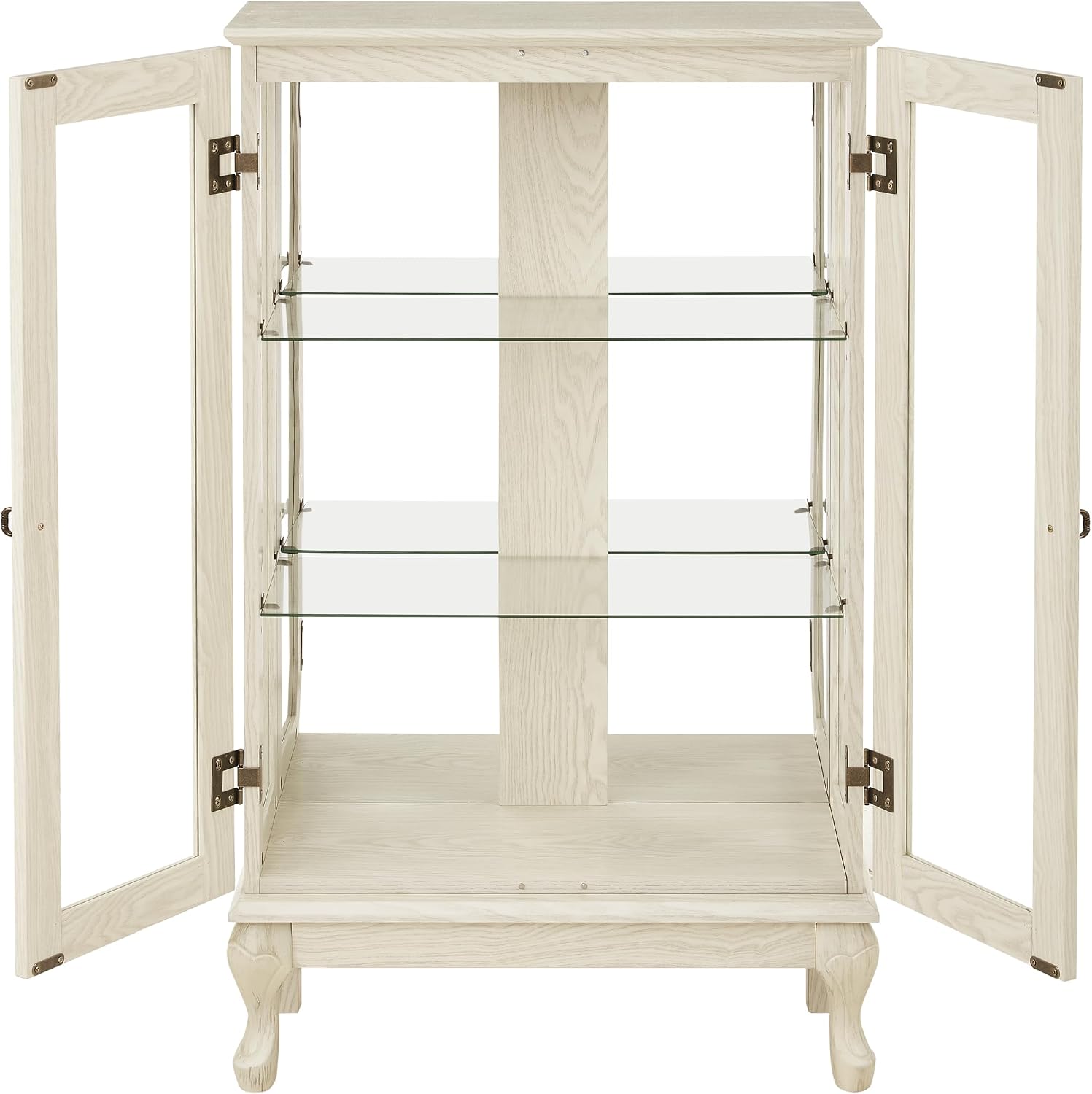 43' H Lighted Curio Cabinet Display Case, Glass Curio Cabinet with Adjustable Shelves & Tempered Glass Door, Wooden Cabinets with Mirrored Back Pane for Living Room (Antique White)