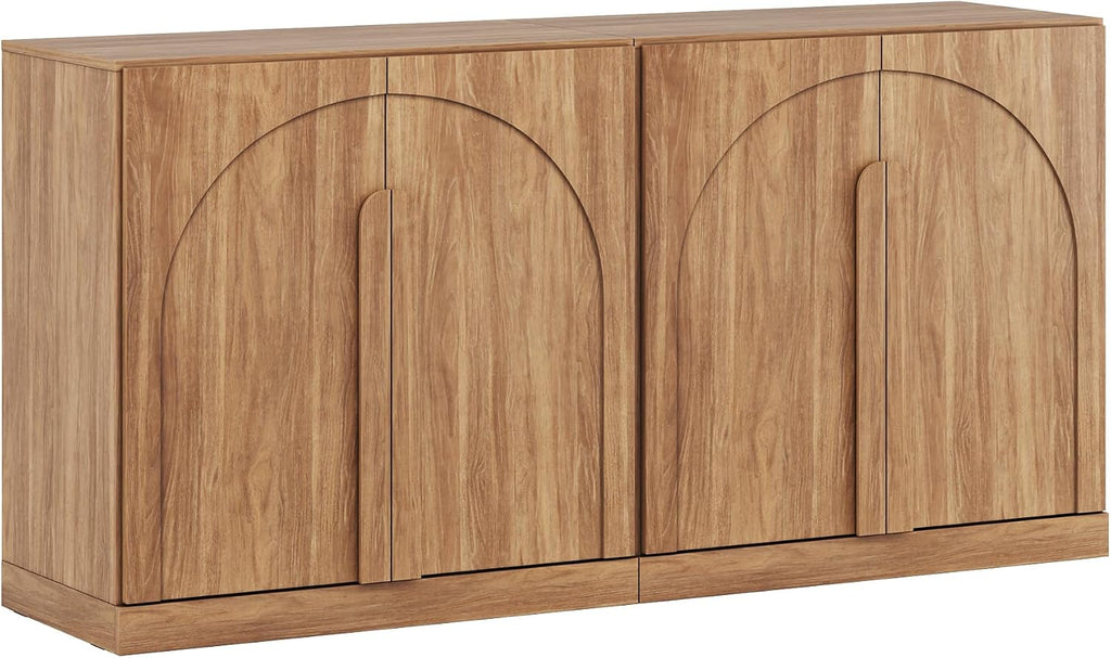 BELLEZE 2 Tier Bookshelf with Arched Wood Door, Set of 2 Modern Display Bookcase Shelf with Storage and Adjustable Shelves, 63' Wood Bookshelves for Living Room Office Entryway (Camel)