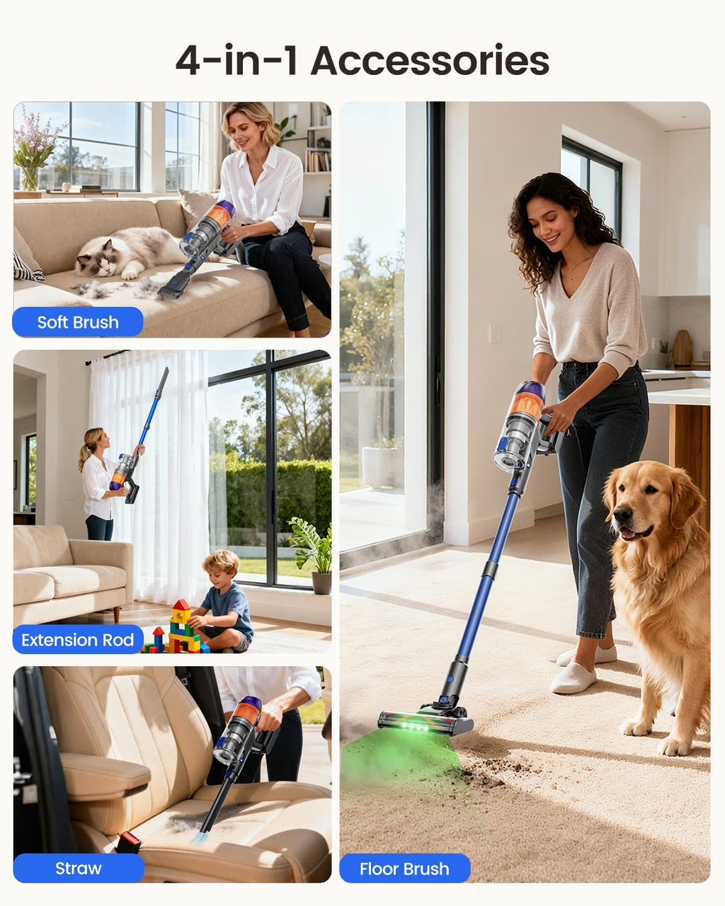 Cordless Vacuum Cleaner, 500W Vacuum Cleaners for Home Pet Hair, 60Mins Cordless Stick Vacuums with LED Display, Anti-Tangle, Lightweight Vacuum for Hard Floors, Carpet,Blue