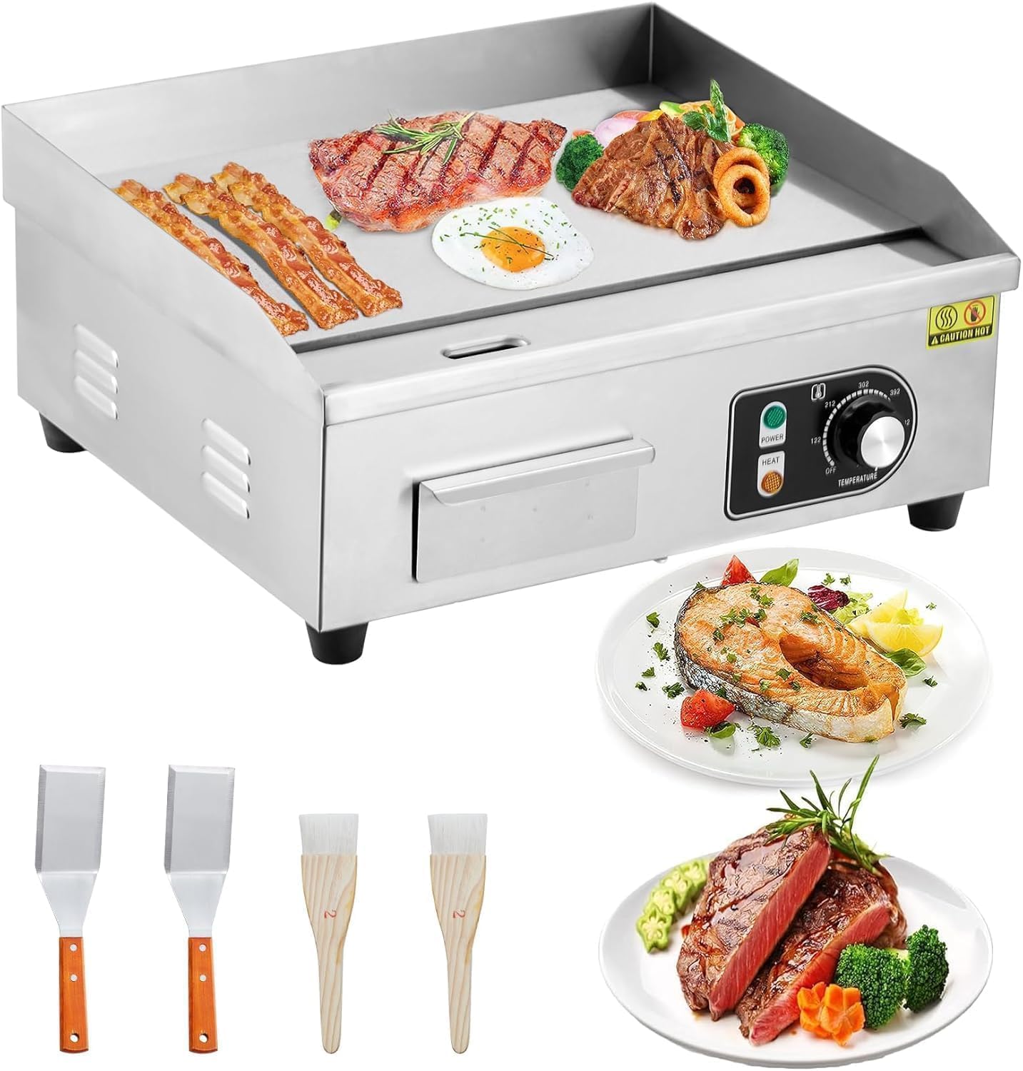 1600W 22' Half Flat Top Electric Griddle – Commercial-Grade Stainless Steel, Adjustable Temp, 2 Shovels/Brushes & Plug Included