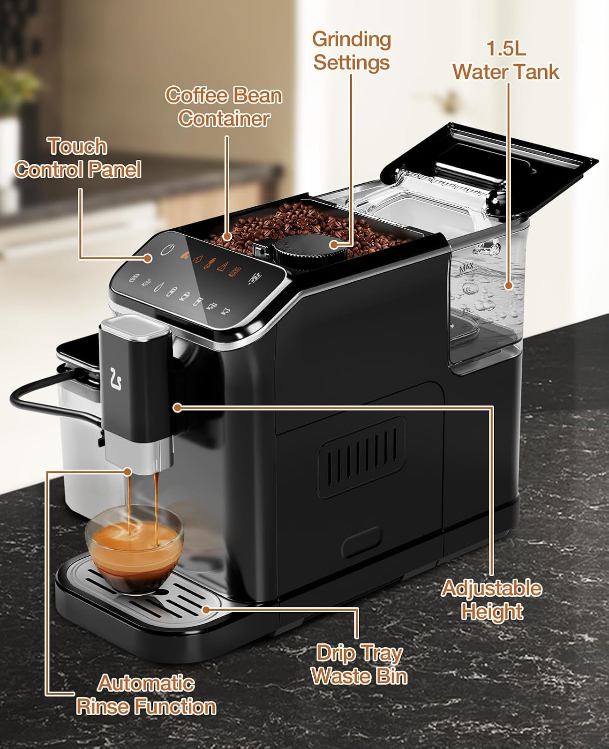 GarveeLife Fully Automatic Espresso Coffee Machine with Built-In Grinder, Milk Frother, Touchscreen, 20 Bar Pump Pressure, 1.5L Detachable Water Tank, One-Touch Latte & Cappuccino Maker, 1350W Gold