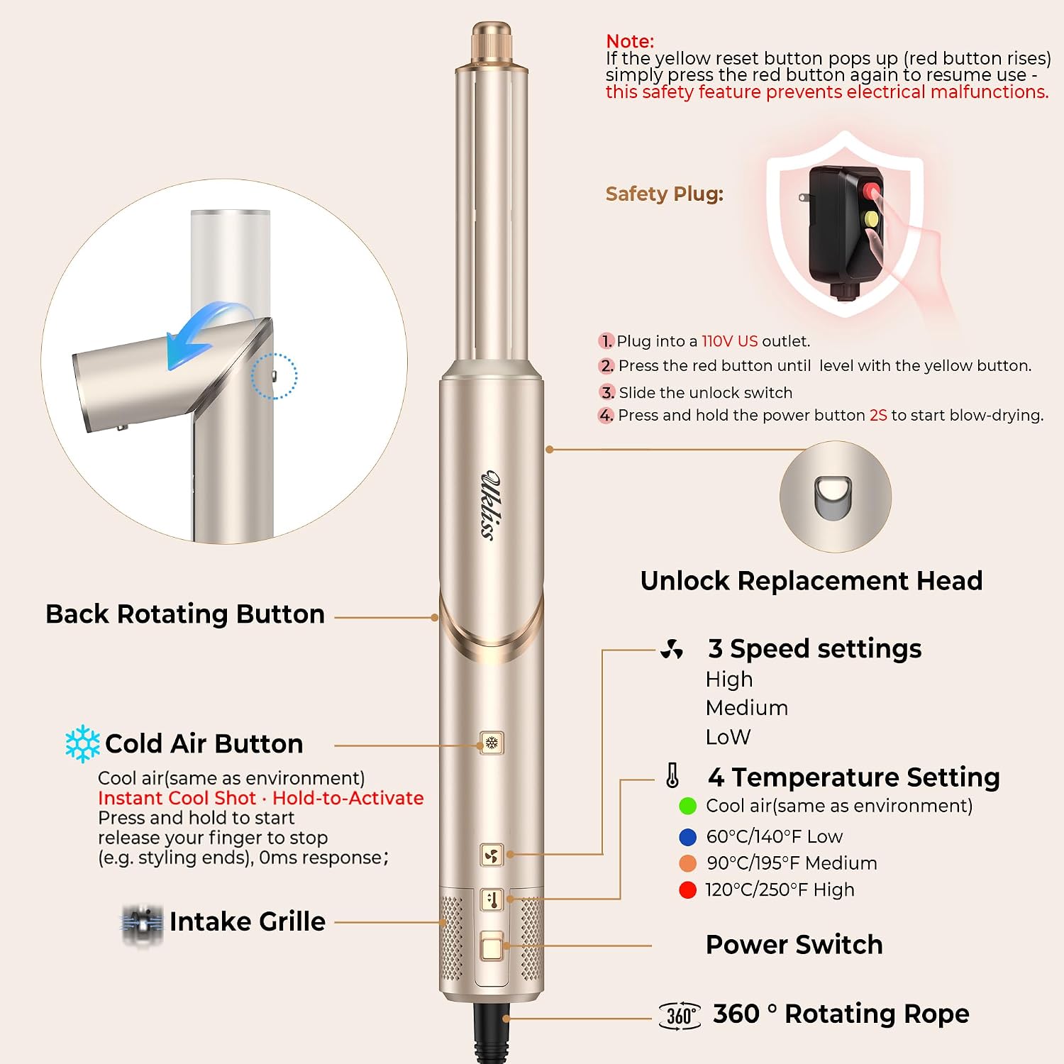UKLISS 8-in-1 High-Speed Air Styler & Drying System - 110,000 RPM Foldable Hair Multi-Styler with Auto-Wrap Curler, Diffuser & Flyaway Smoothing Brush - Ionic Hair Styling Tool Kit for All Hair Types