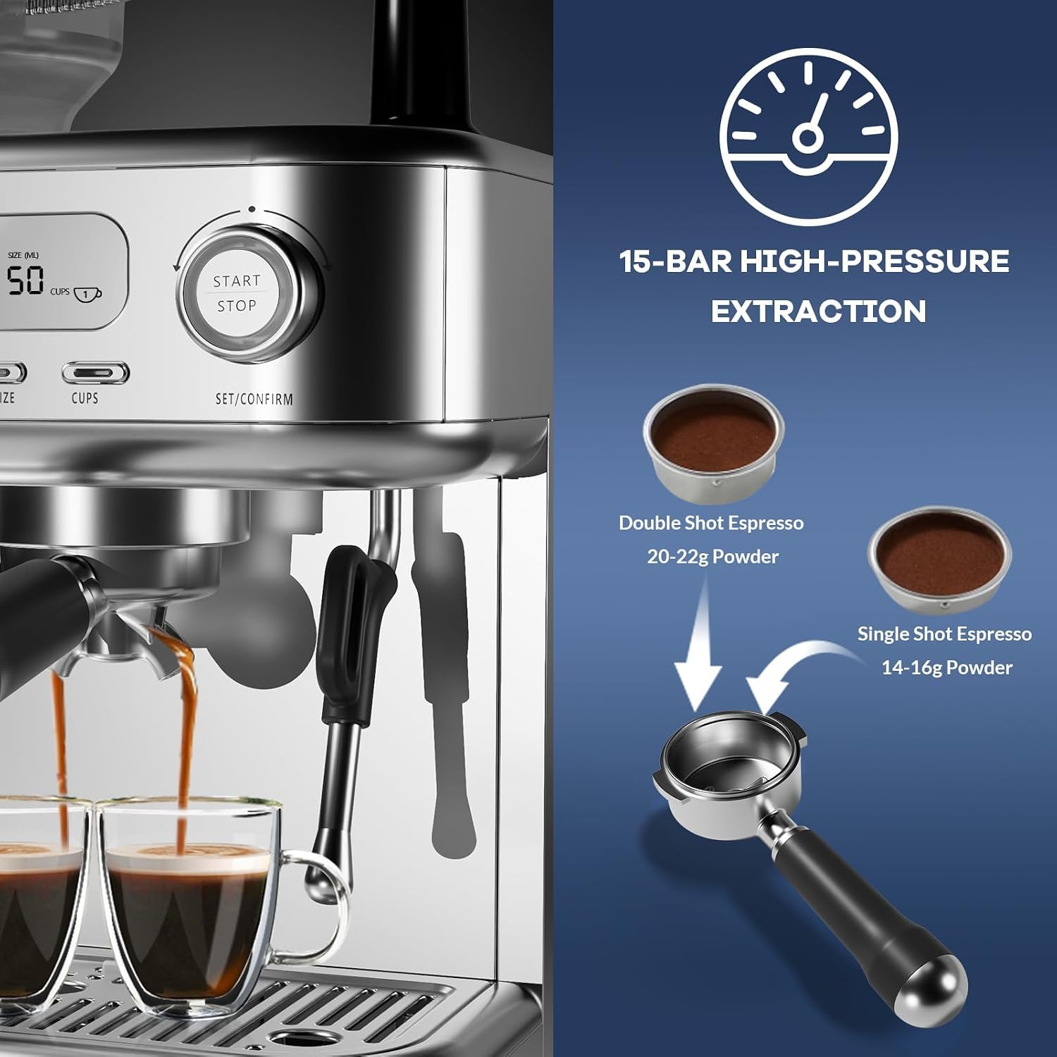 CABIHOME Semi-Automatic Espresso Machine with Built-in Grinder, Stainless Steel, Digital Display, 78 oz Removable Tank, make cappuccino and latte, Steam Milk Frother (Starry Grey)