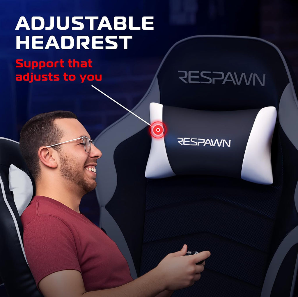 RESPAWN 900 Console Gaming Recliner with Footrest and Lumbar Support - Comfortable Ergonomic Gaming Chair with Headrest, No Wheels, Reclining, Heavy Duty, Racing Style Video Game Chairs - White