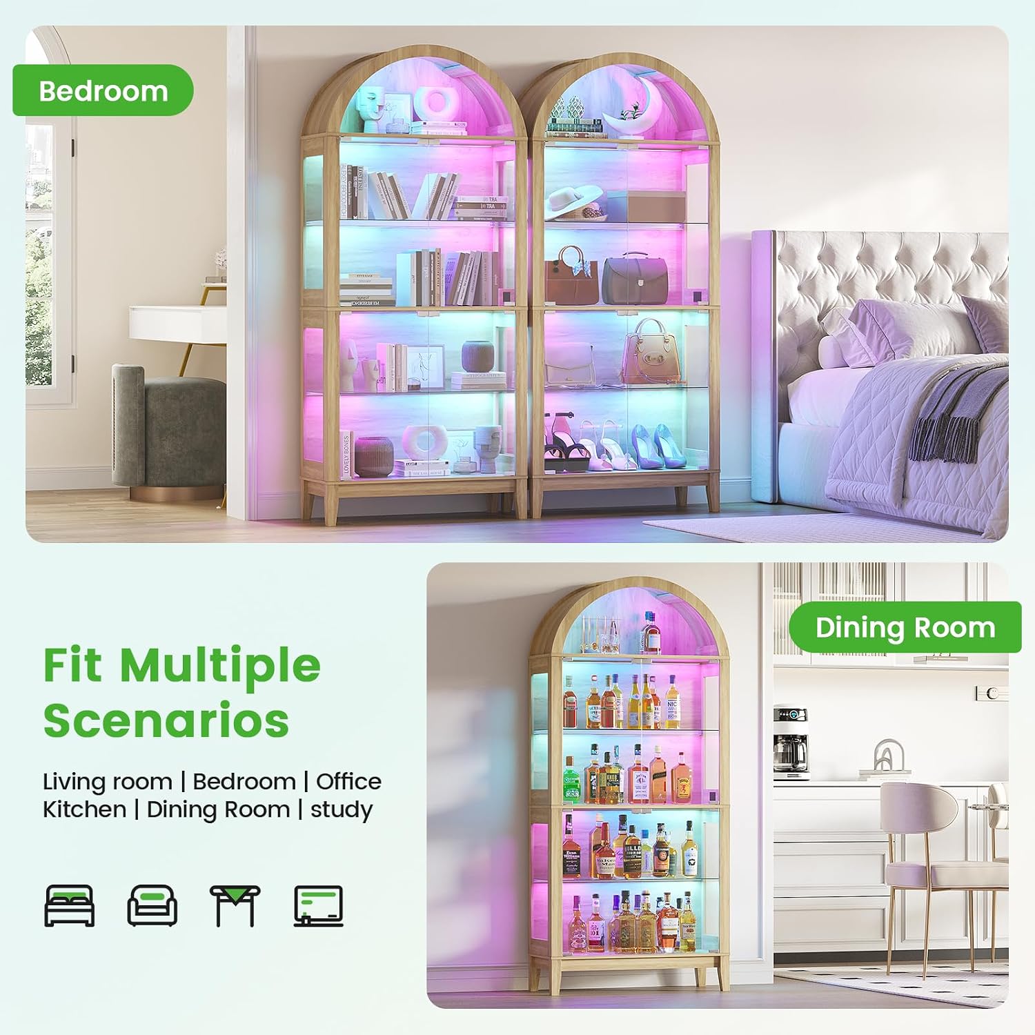 HNEBC Arched Book Shelf with Glass Doors, LED Bookcase with RGB Lights, 5 Tier Cabinet Has 9-Cube Storage, 69' Display Cabinet for Music-Synced Lighting Living Room,Bedroom (Natural)