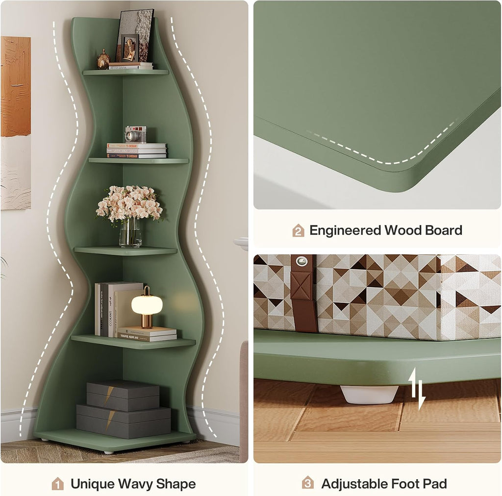 Tribesigns Wavy Corner Shelf Set of 2, Modern 5-Tier Bookshelf Etagere Bookcase with Curvy Shape, Unique Plant Stand Display Shelf for Living Room Small Space (Green)