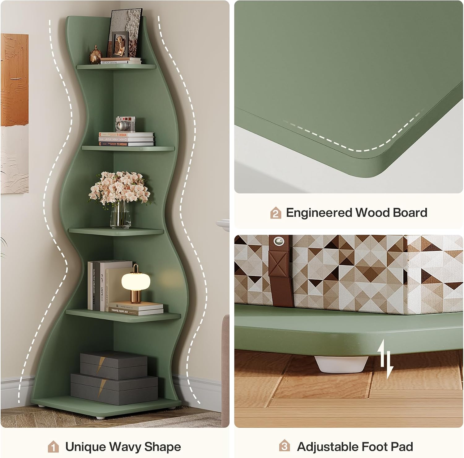 Tribesigns Wavy Corner Shelf Set of 2, Modern 5-Tier Bookshelf Etagere Bookcase with Curvy Shape, Unique Plant Stand Display Shelf for Living Room Small Space (Green)