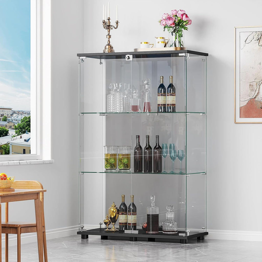ROOMTEC Glass Display Cabinet with 3 Shelves,Double Doors, Floor Standing Display Cage, for Living Room Bedroom Office, 49.49 x 31.77 x 14.37 in, Black
