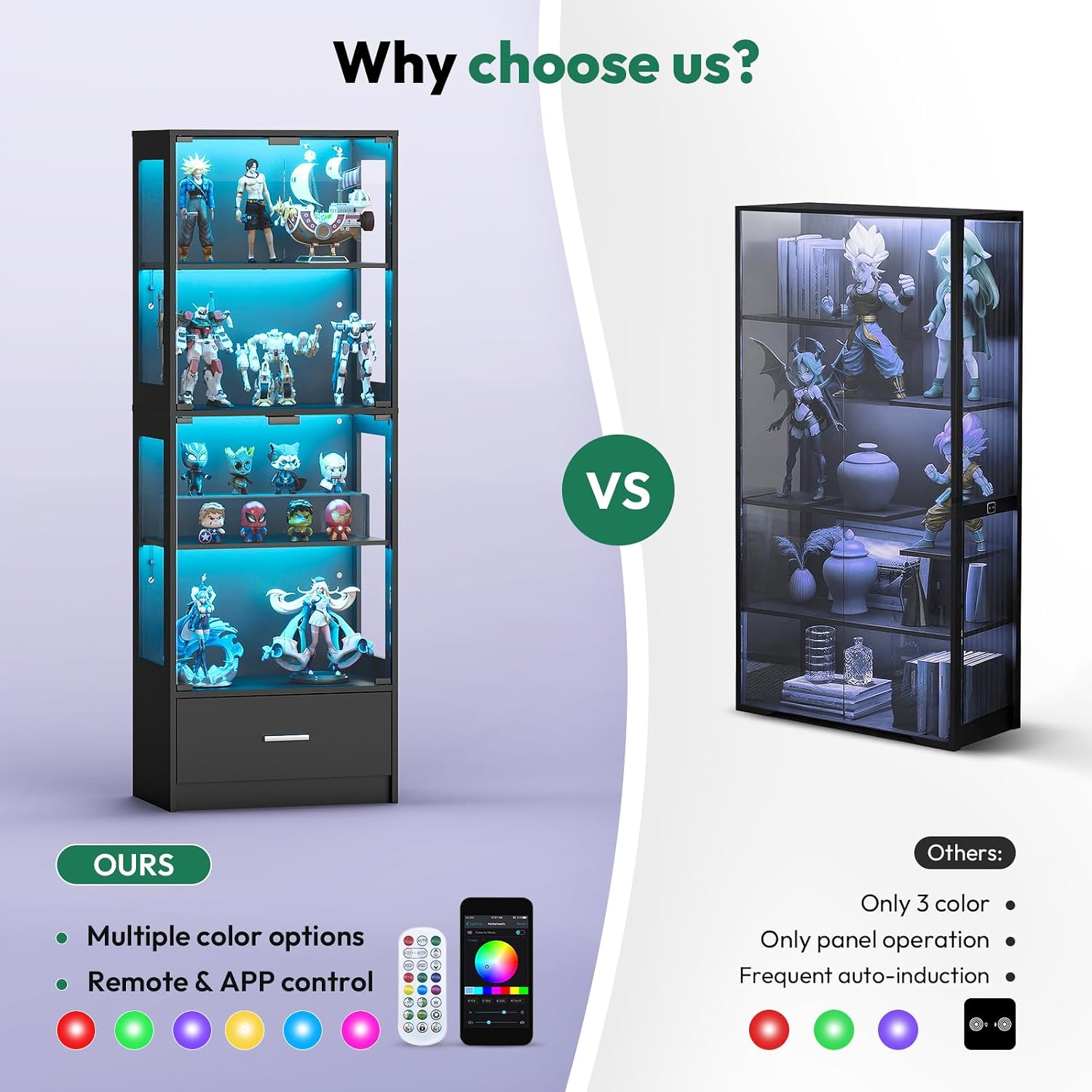Lamtor 67-inch Glass Display Cabinet – Curio Cabinet with RGB LED Lights, 1 Drawer & Anti-Tip Design for Collectibles, Figures, Living Room | Black