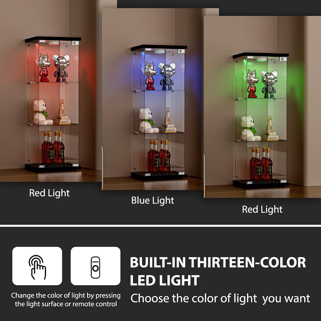 FANYUSHOW 3-Shelf Glass Display Cabinet with LED Light, Upgraded Quick-Install Style Curio Cabinets 5mm Tempered Glass Bookshelf for Bedroom, Living Room 49.1'x 16.7'x 14.3' Black