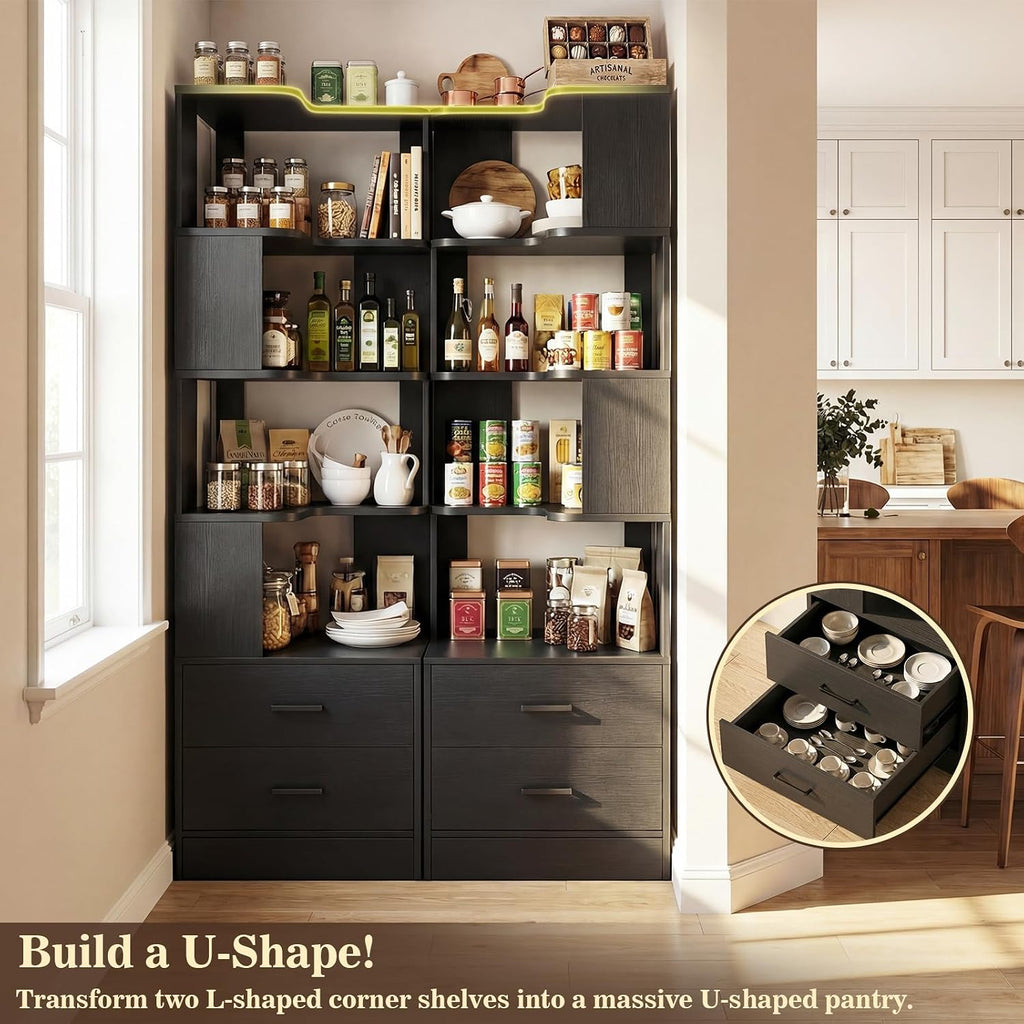 Armocity Corner Bookshelf with Drawers, 7 Tier Corner Book Shelf Display Bookcase, Freestanding L Shaped Bookshelf for Bedroom, Home Office, Black