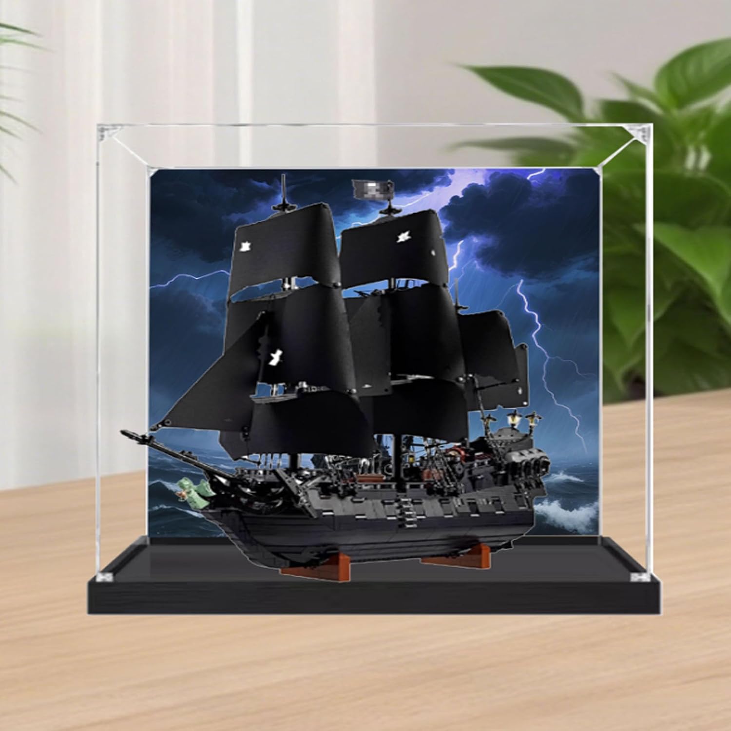 Dustproof Clear Acrylic Display Case,Designed for Lego 10365 Caribbean Pirate Ship Model Dustproof Box, Storage Box(Model Kit Not Included) (Black Base+Back spray3mm)