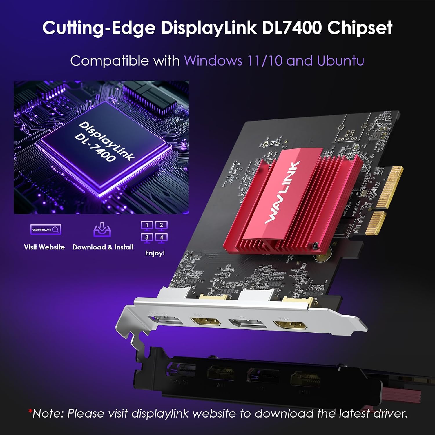 WAVLINK 8K/4K PCIE 4 Monitors Card - 2DP+2HDMI, PCIE to HDMI & DP Adapter Supports Extend 4 Monitors Output for Windows 11/10 & Ubuntu with DisplayLink DL7400(Non-Gaming GPU)
