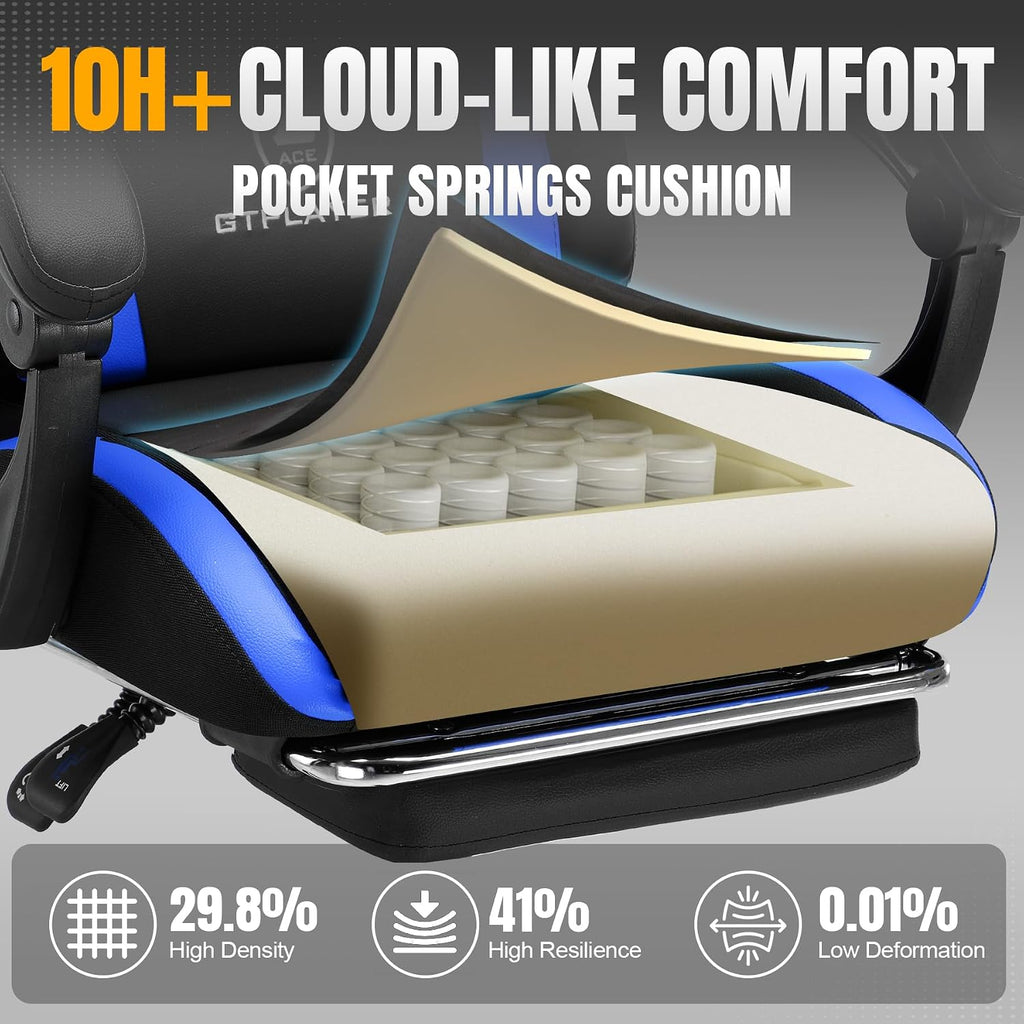 GTPLAYER Gaming Chair with Foot Rest & Pocket Spring Cushion, Ergonomic High Back Computer Chair with Headrest & 360°-Swivel Seat for Home Office Desk, PU Leather, Blue
