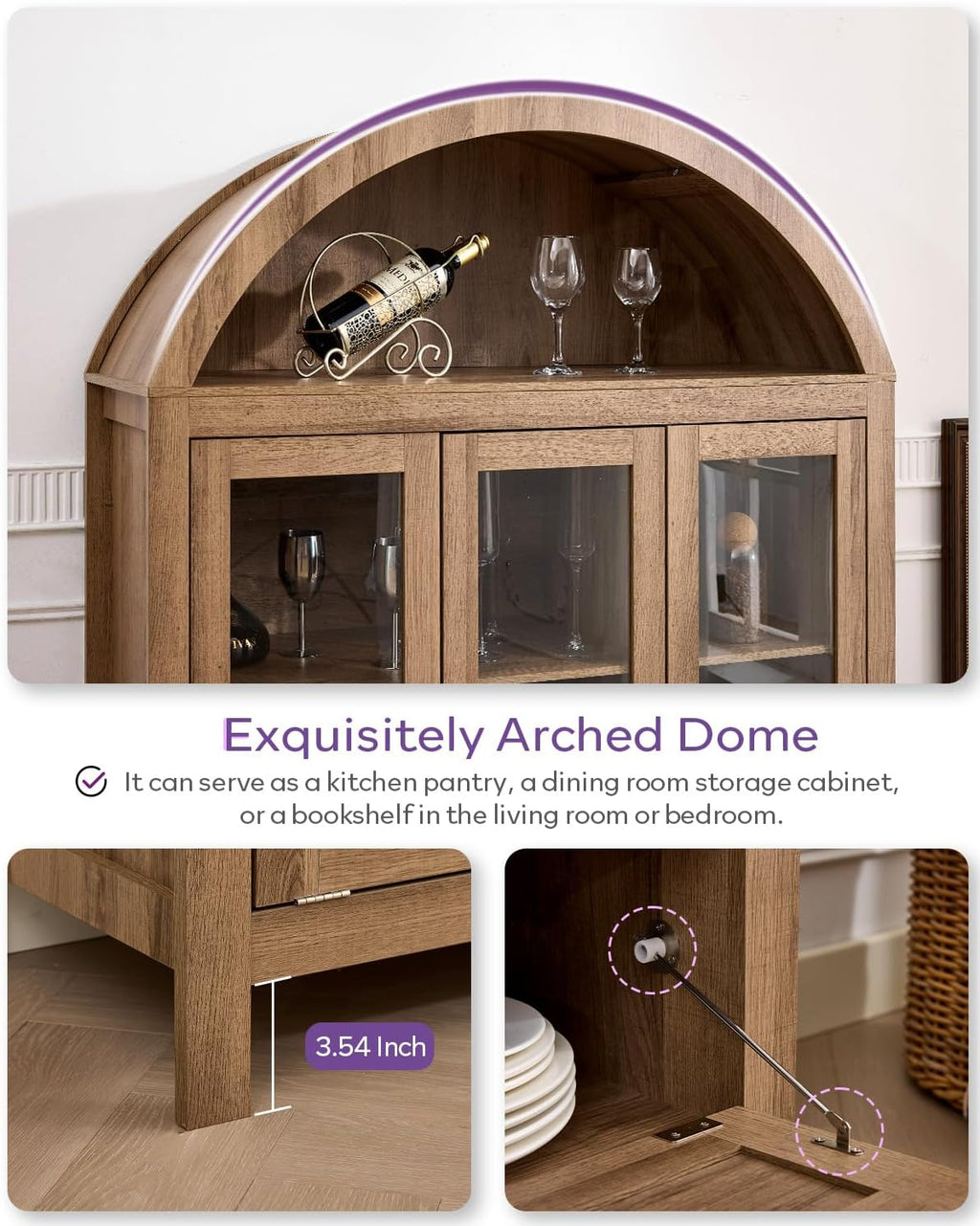 TYBOATLE 75'' Arched Cabinet Classic Farmhouse Design w/Three Glass Doors, Arch Cabinet w/Rattan Drawers and Anti-Tipping Device, Versatile Cupboard for Kitchen, Bathroom, Natural