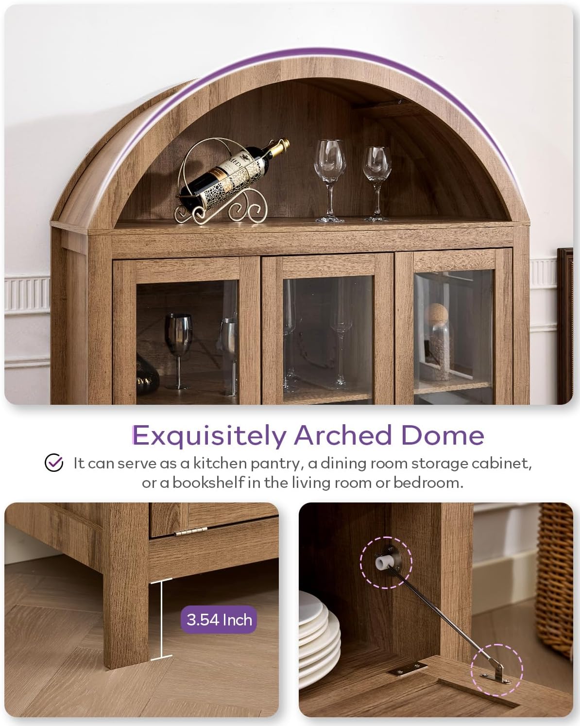 TYBOATLE 75'' Arched Cabinet Classic Farmhouse Design w/Three Glass Doors, Arch Cabinet w/Rattan Drawers and Anti-Tipping Device, Versatile Cupboard for Kitchen, Bathroom, Natural