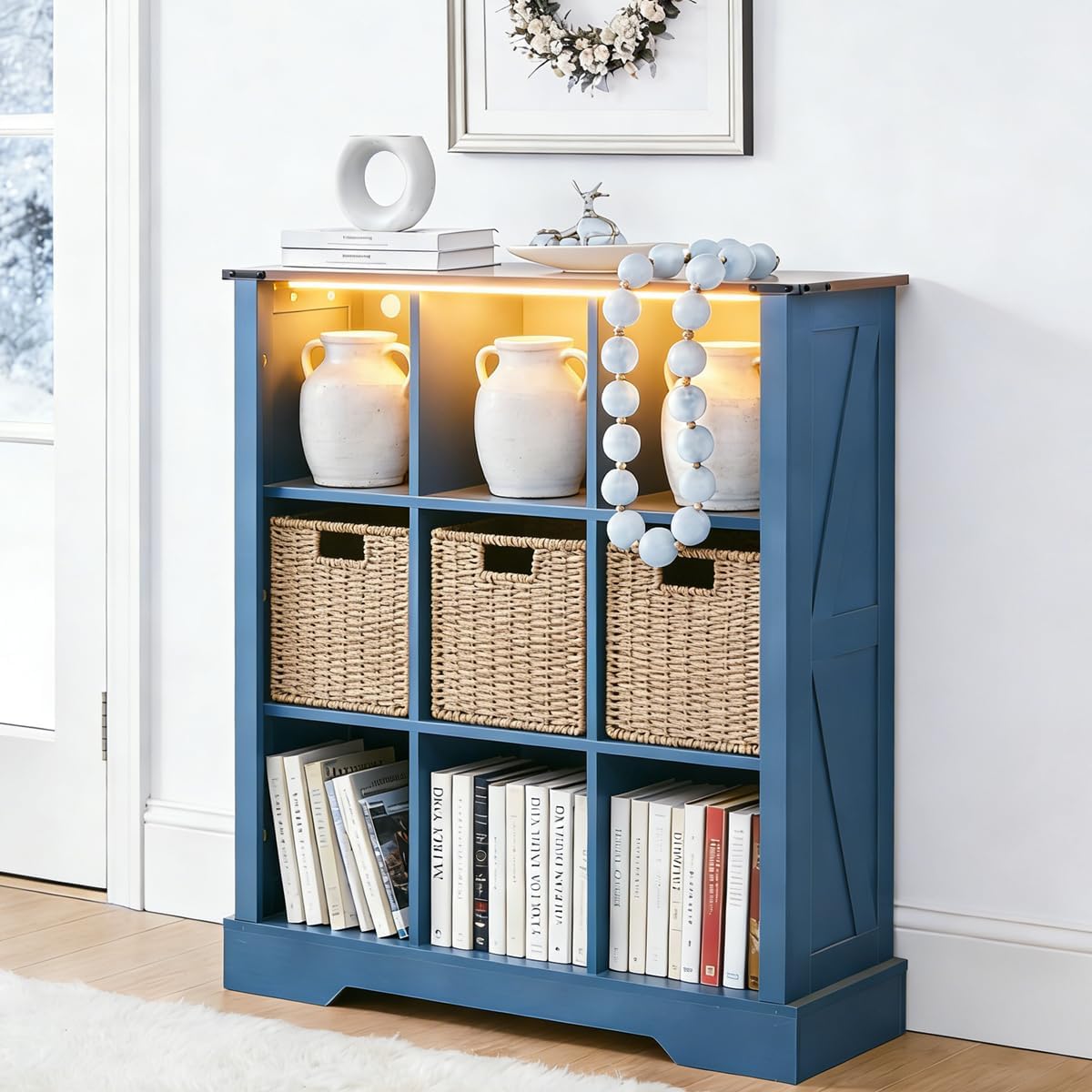 9 Cube Storage Organizer with LED Lights, Wooden Cube Bookcase with Back Panel, Blue Cube Shelf Freestanding Bookshelf, Hallway TV Stand for Living Room, Bedroom, Office