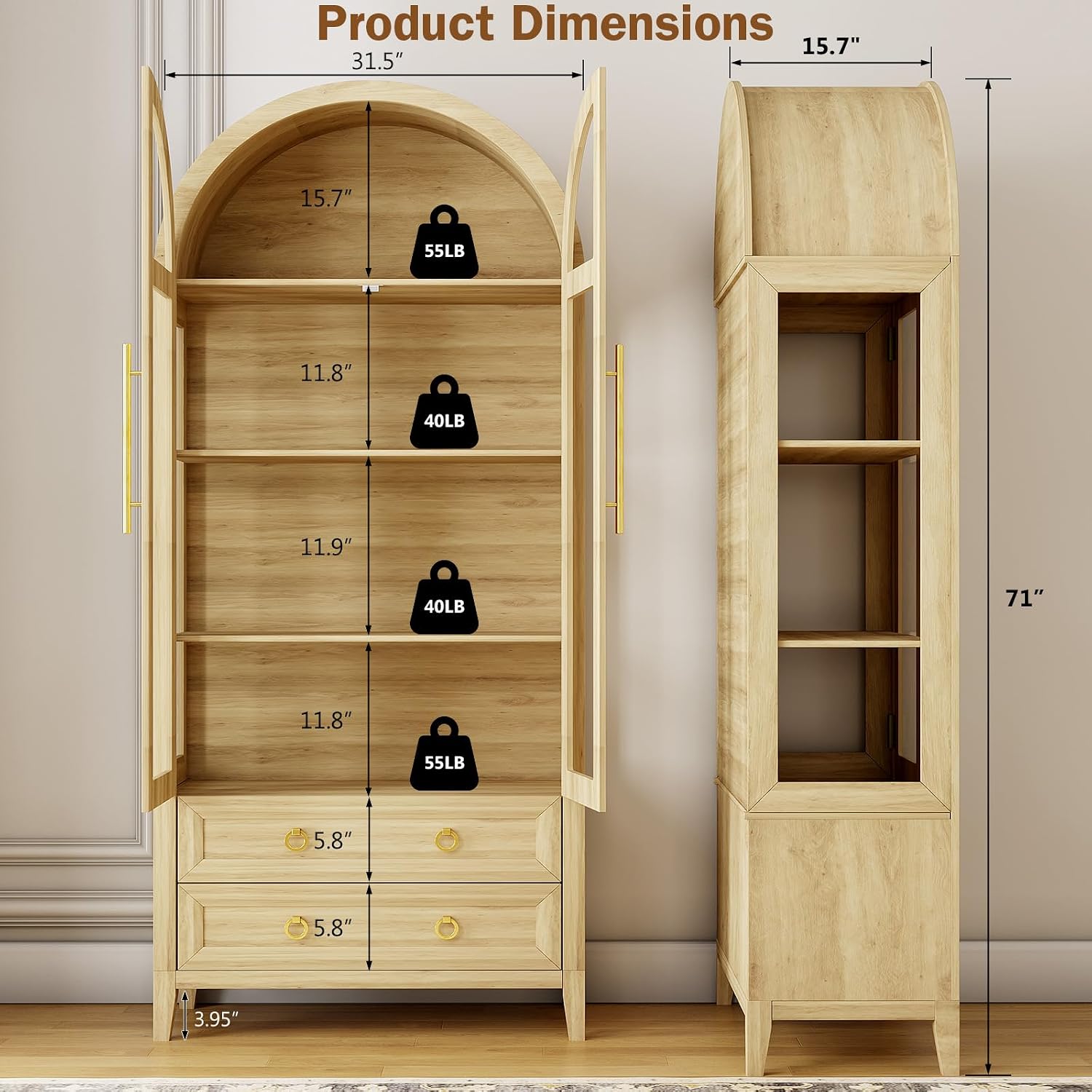 LVSOMT 71' Tall Arched Storage Cabinet with Glass Doors and Drawers, Curio Display Cabinet with Adjustable LED Light & Human Sensor, 4-Tier China Cabinet for Living Room(Wood)