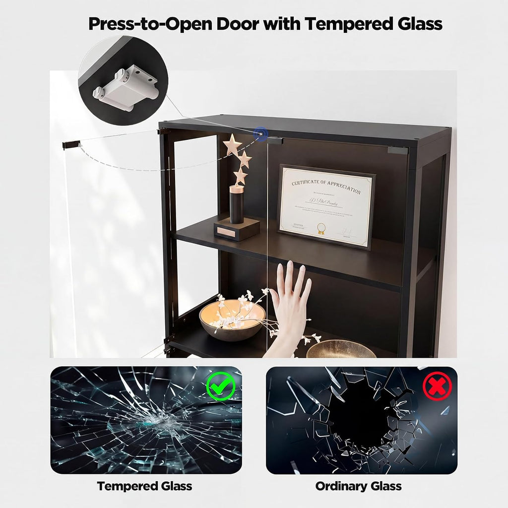 Glass Display Cabinet, 5-Tier Curio Cabinet with Glass Doors, Dimming LED Lights & Motion Sensor, for Collectible Figures, Living Room, Bedroom, or Office (Wooden Frame Black)