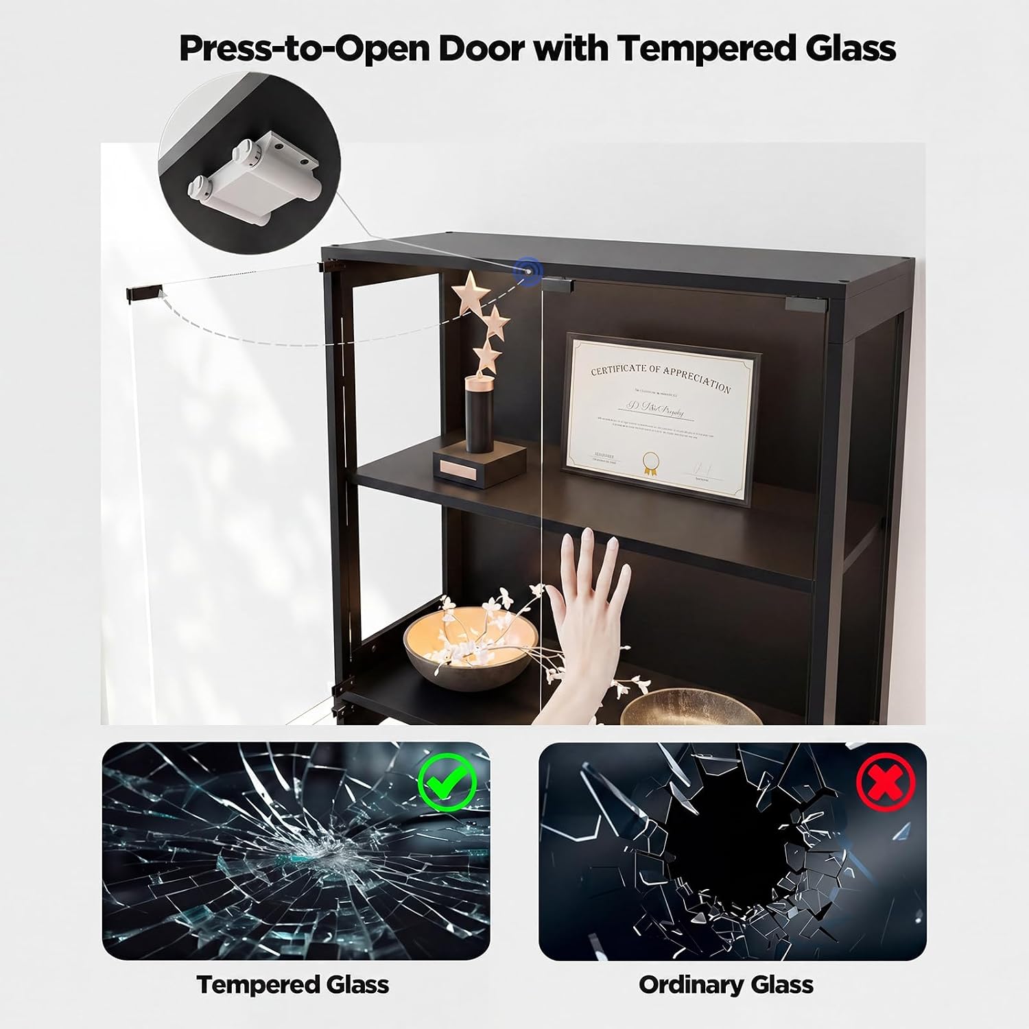 Glass Display Cabinet, 5-Tier Curio Cabinet with Glass Doors, Dimming LED Lights & Motion Sensor, for Collectible Figures, Living Room, Bedroom, or Office (Wooden Frame Black)