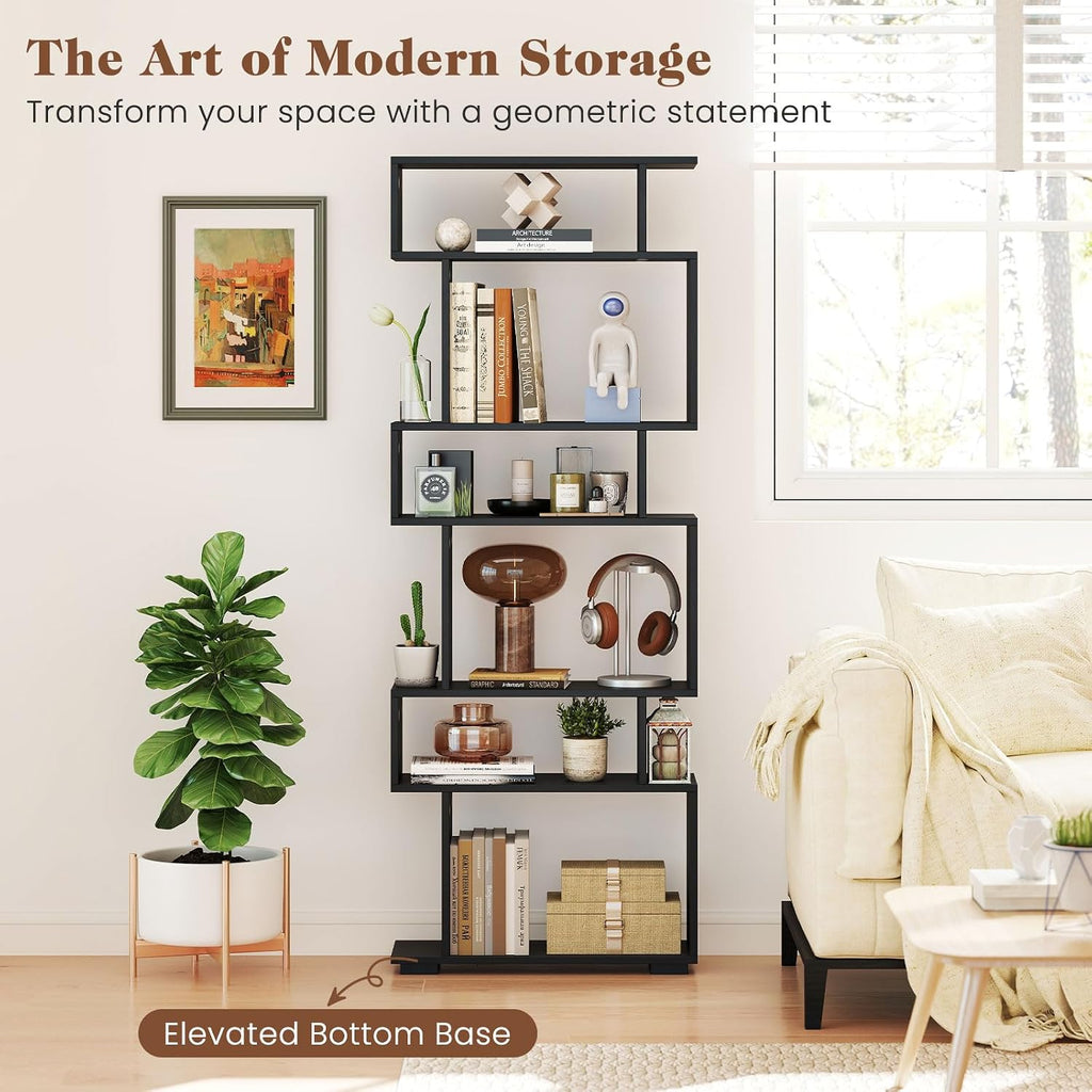 Giantex 6-Tier Geometric Bookshelves Set of 2, S-Shaped Bookcase with 2 Anti-Tipping Kits, Wooden Display Shelf, Decorative Storage Shelving Unit, Home Storage Organizer for Office Living Room, Black