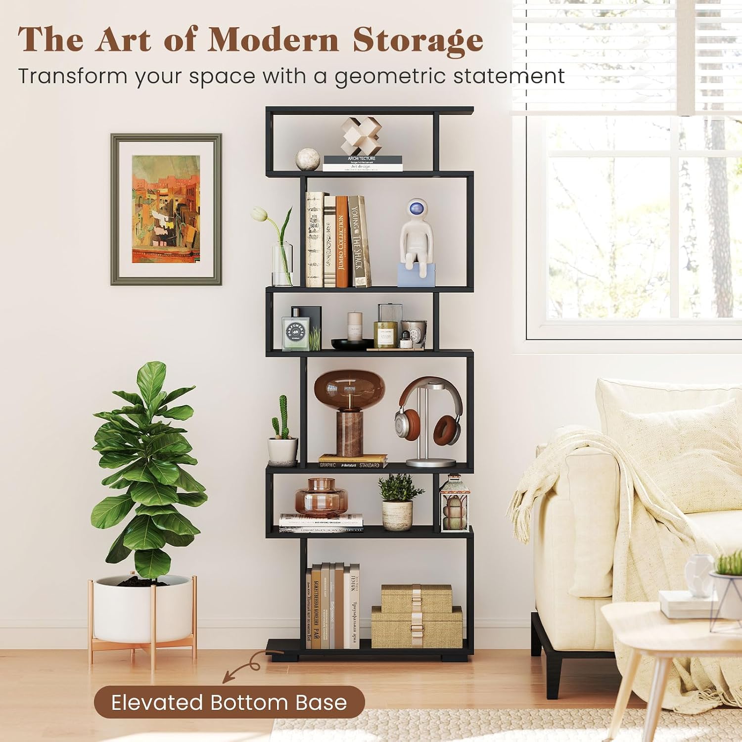 Giantex 6-Tier Geometric Bookshelves Set of 2, S-Shaped Bookcase with 2 Anti-Tipping Kits, Wooden Display Shelf, Decorative Storage Shelving Unit, Home Storage Organizer for Office Living Room, Black