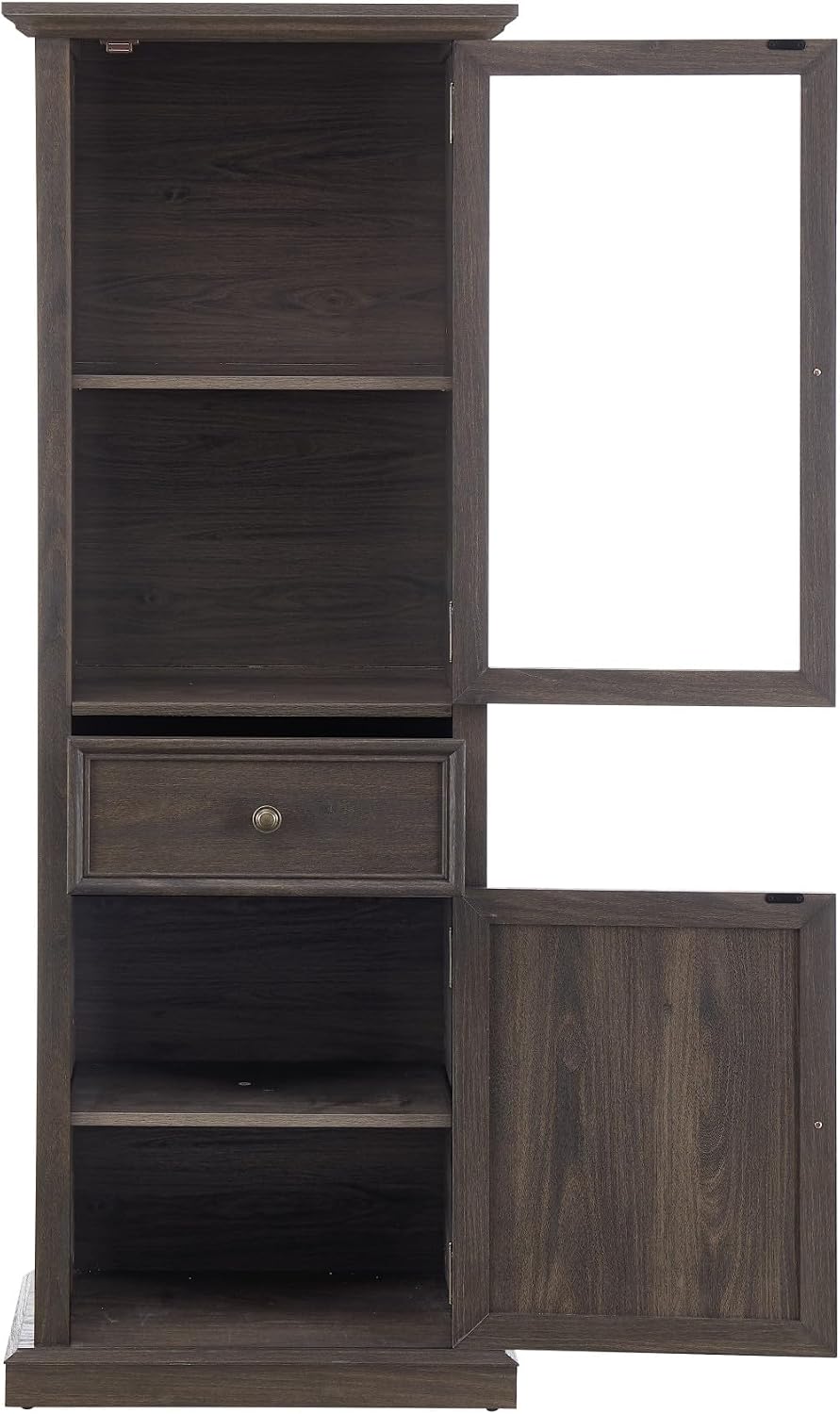 65' Tall Bookcase with Tempered Glass Door, Elegant Freestanding Display Cabinet with Drawer, Modern Wooden Kitchen Pantry Storage Cabinets for Living Room/Office(Brown)