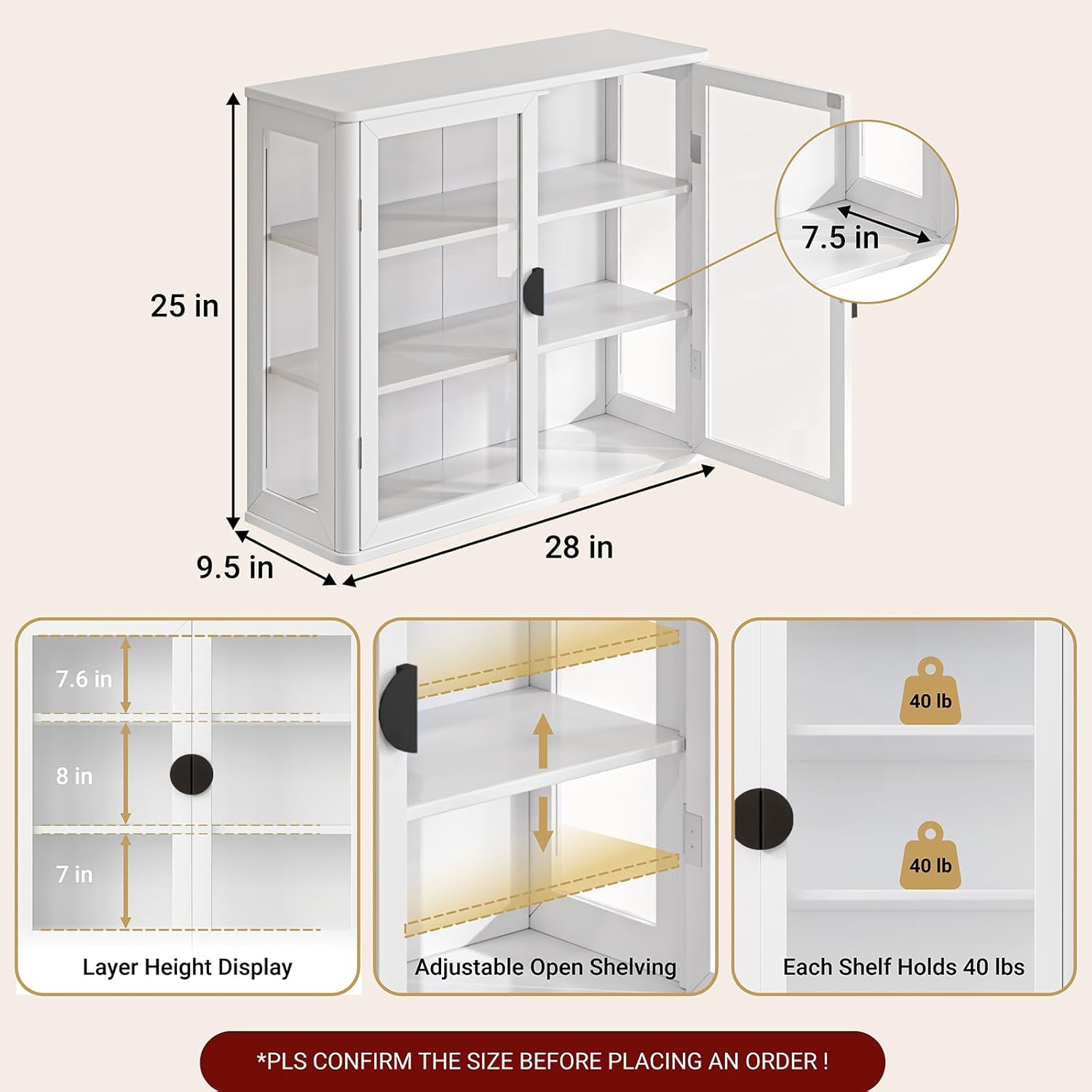 FIMELLO 28''W Wall Cabinet with Tempered Glass Doors, Bathroom Cabinet Wall Mount, Kitchen Wall Cabinet, Floating Cabinet for Bathroom, Wall Mount Salon Station for Barber, Beauty, White