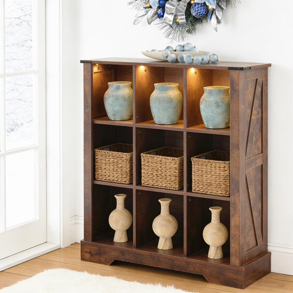 9 Cube Storage Organizer with LED Lights, Wooden Cube Bookcase with Back Panel, Brown Cube Shelf Freestanding Bookshelf, Hallway TV Stand for Living Room, Bedroom, Office