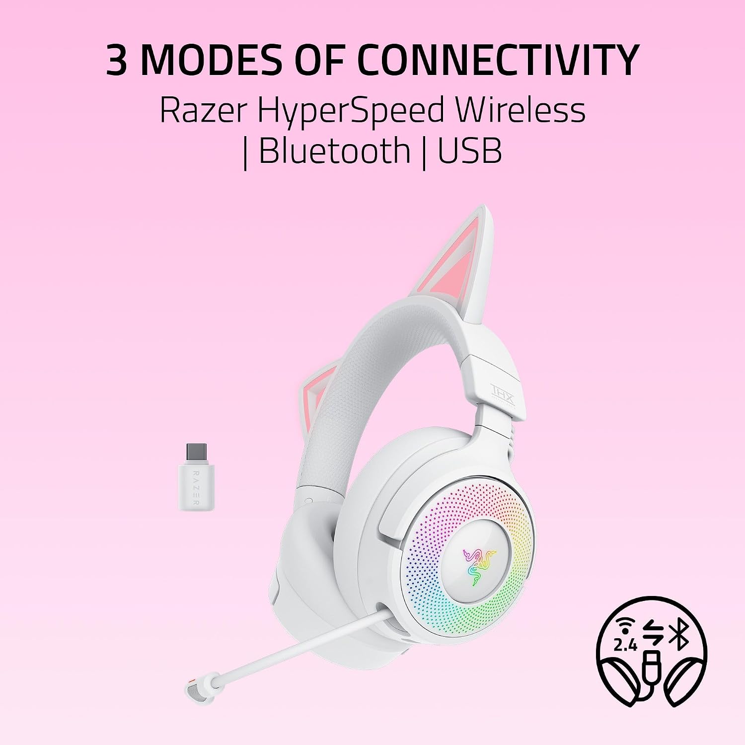 Razer Kraken Kitty V3 Pro Wireless RGB Gaming Headset: Chroma RGB Kitty Ears - 2.4 GHz, Bluetooth 5.3, USB A - Super Wideband Mic - 40mm Drivers - THX Spatial Audio - Comfortable Ear Cushions - White