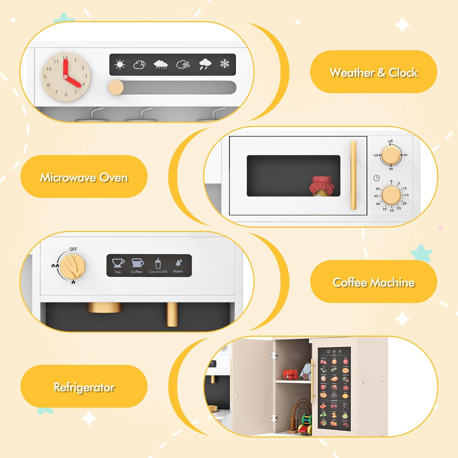 INFANS Play Kitchen for Kids, 2-Piece Fridge Refrigerator Playset Combination with Electronic Interactive Alphabet Wall Chart Coffee Machine Stove Microwave, Toddler Wooden Pretend Cooking Set Gift