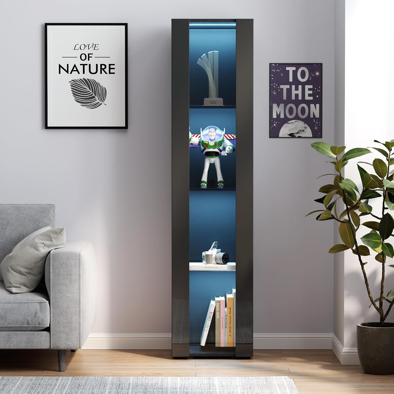 67' LED Display Cabinet with 4 Glass Shelves & 1 Door, Modern Curio Cabinet Collection Display Case Storage Cabinet, High Gloss Floor Standing Bookshelf for Living Room Bedroom Office (Black)